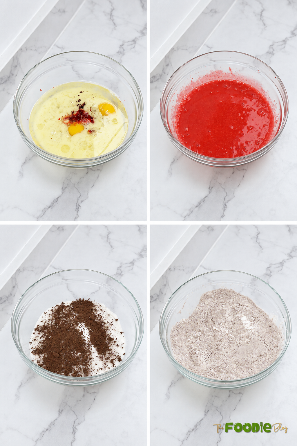 Step-by-step process mixing wet and dry ingredients for red velvet cake batter