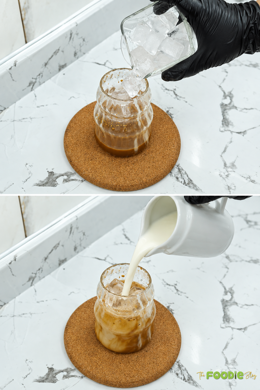 Ice cubes and milk added to the coffee mixture