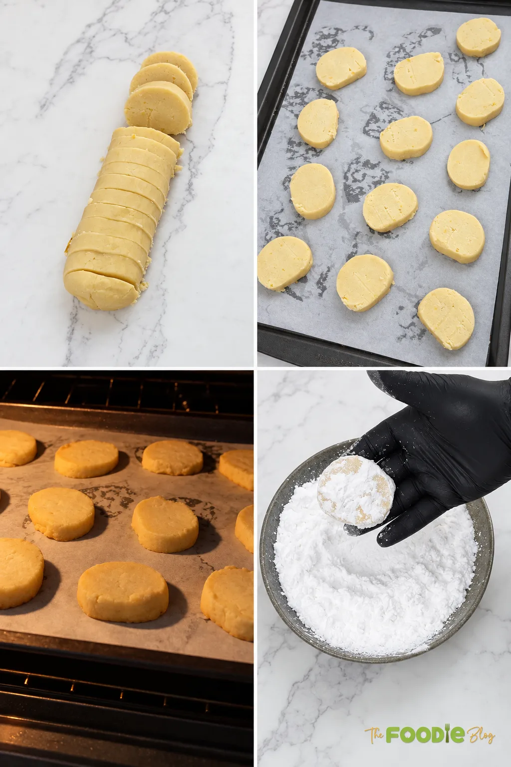 Lime meltaway cookie dough sliced, baked on a sheet pan, and coated in powdered sugar