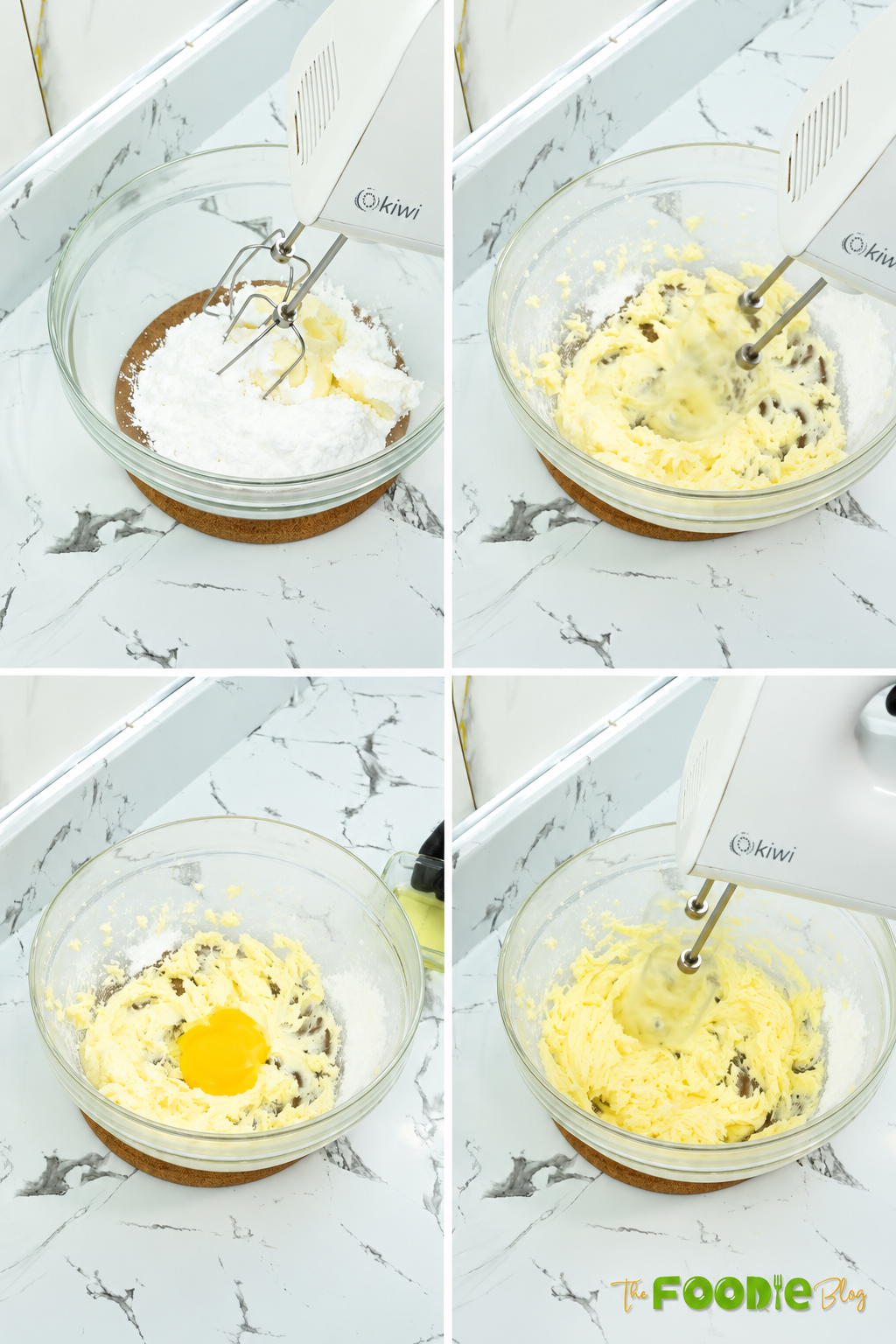 Butter and powdered sugar being creamed before adding egg yolk for coffee cookies