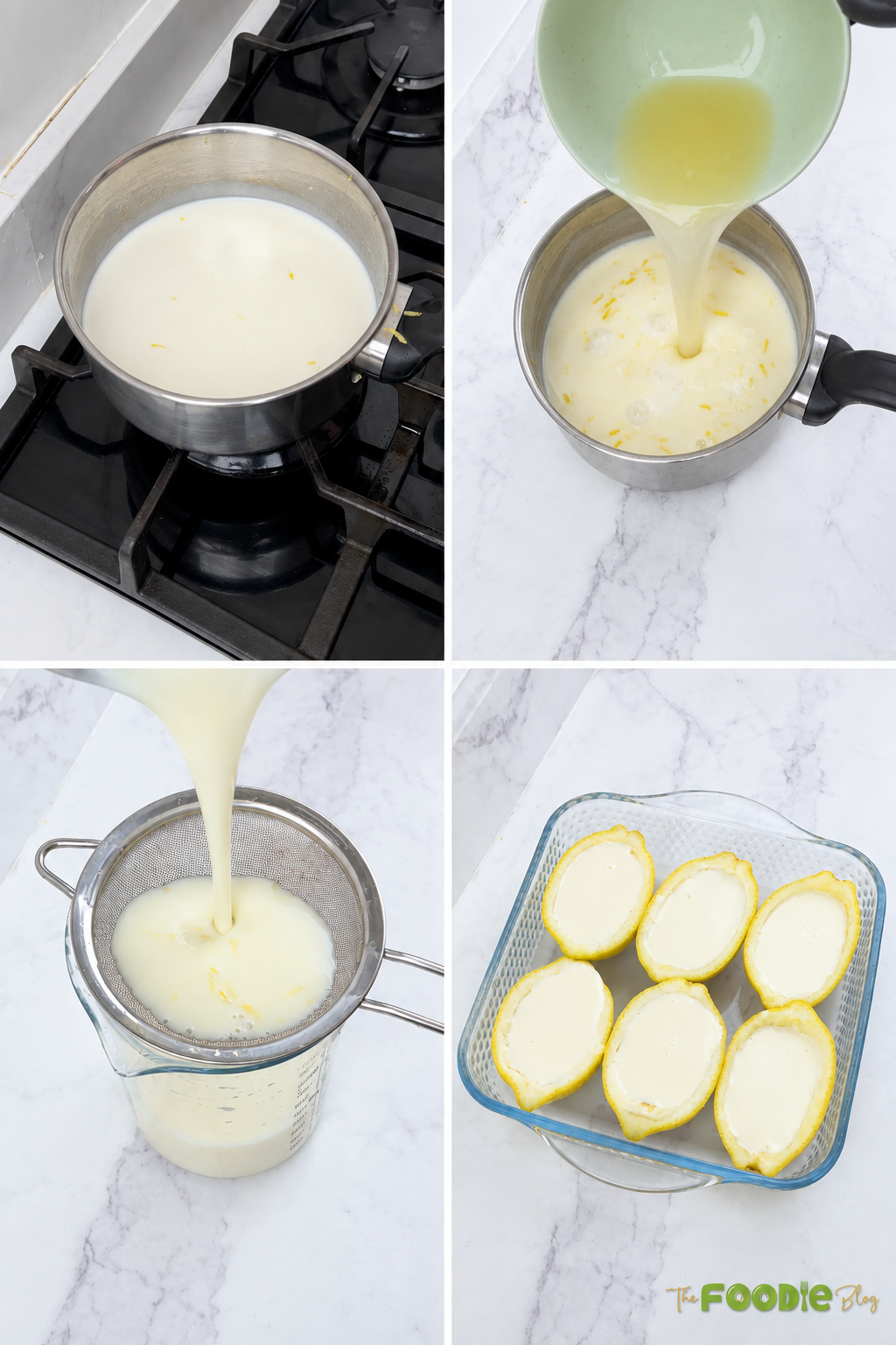 Lemon posset mixture strained and poured into hollowed lemon shells