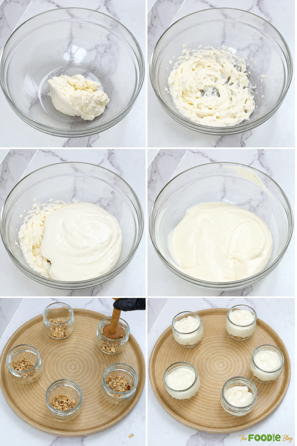 Steps for making protein cheesecake filling and assembling individual cheesecake cups