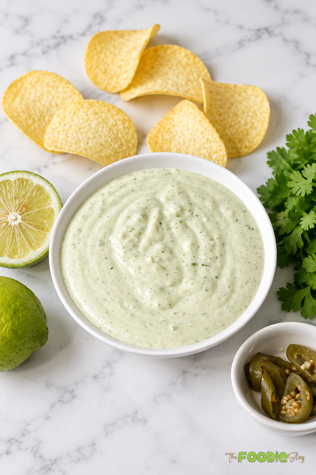 Creamy jalapeño ranch dip served with tortilla chips, lime, cilantro, and pickled jalapeños