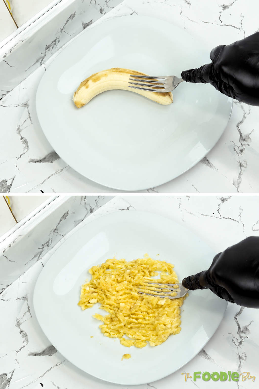Ripe banana being mashed with a fork for sesame cookies