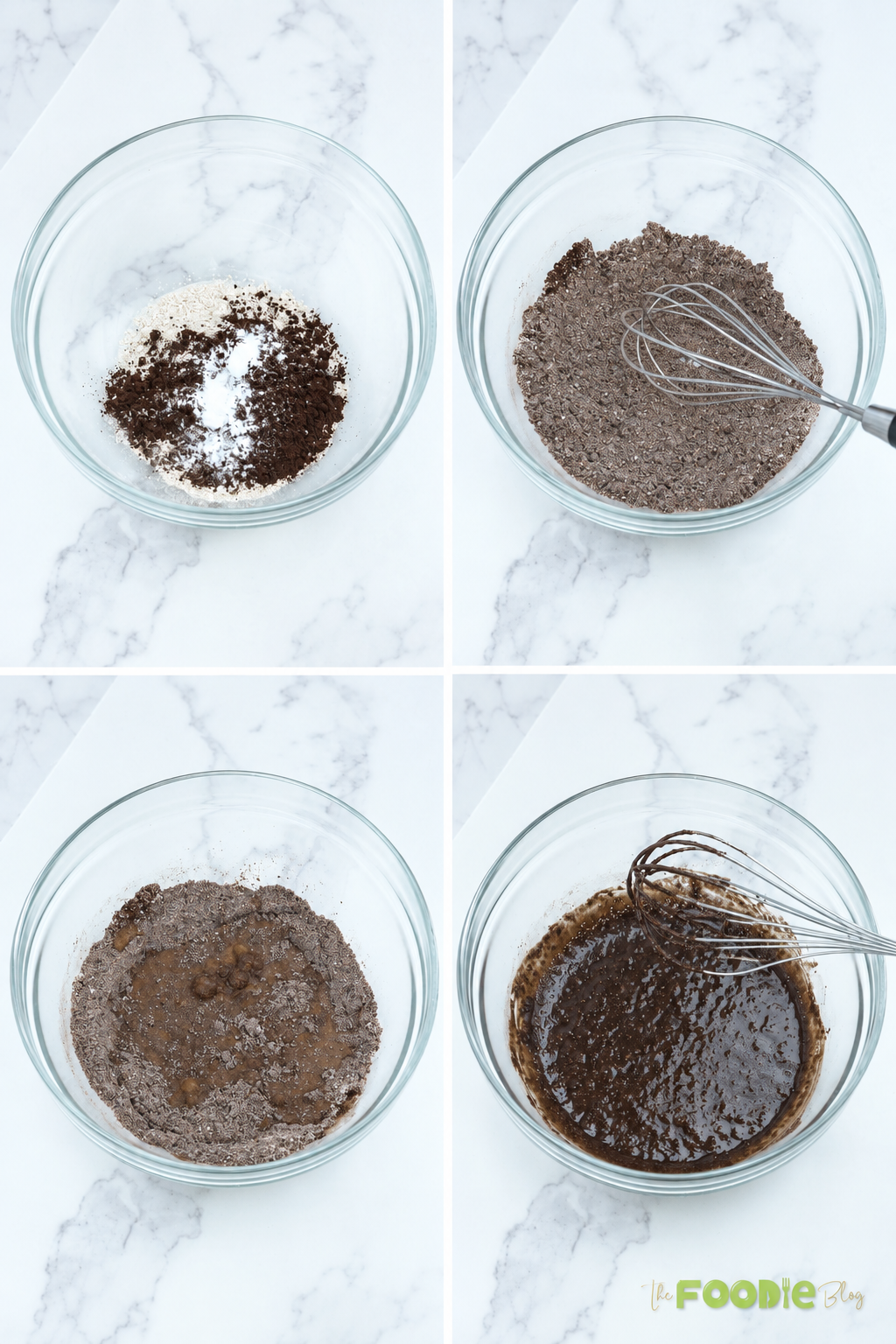Chocolate oatmeal lava cake batter being mixed in a glass bowl