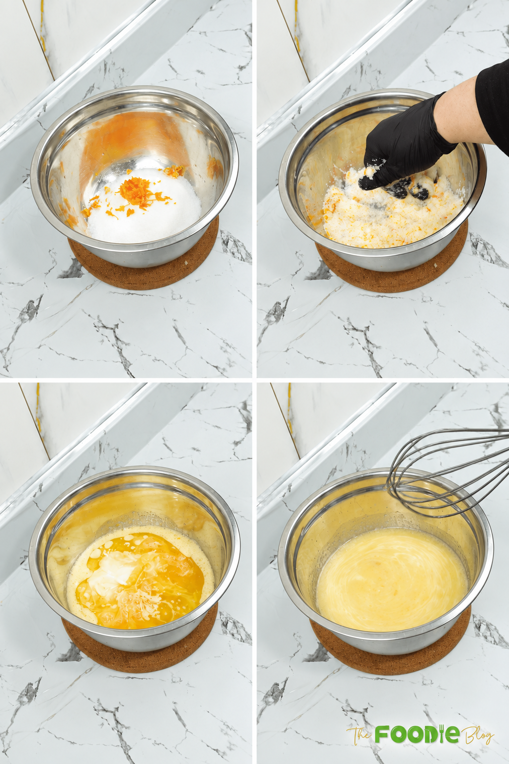 Step-by-step process mixing sugar, orange zest, egg, yogurt, lemon juice, and oil for semolina cookies