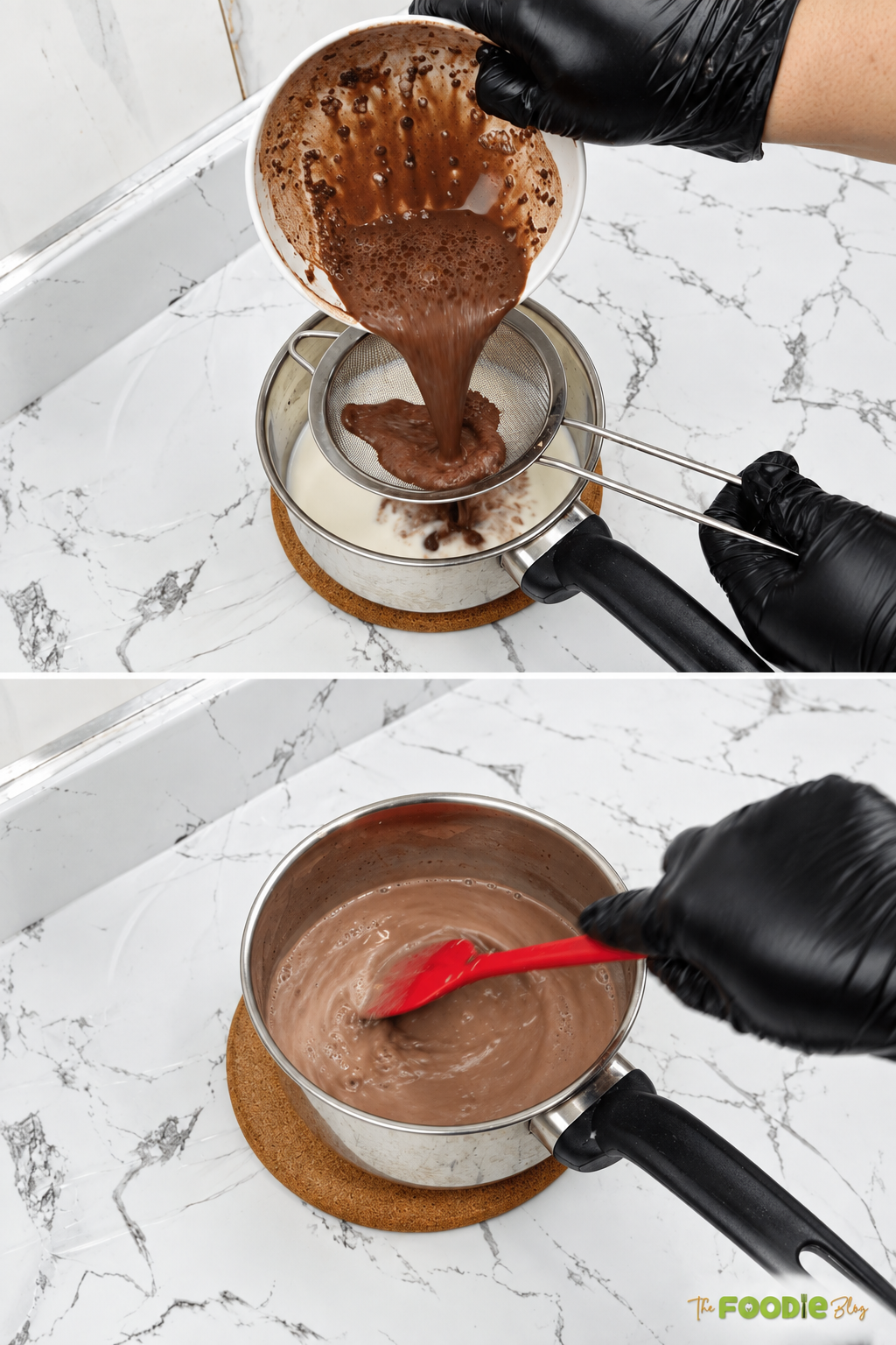 Straining cocoa mixture into milk for homemade hot chocolate
