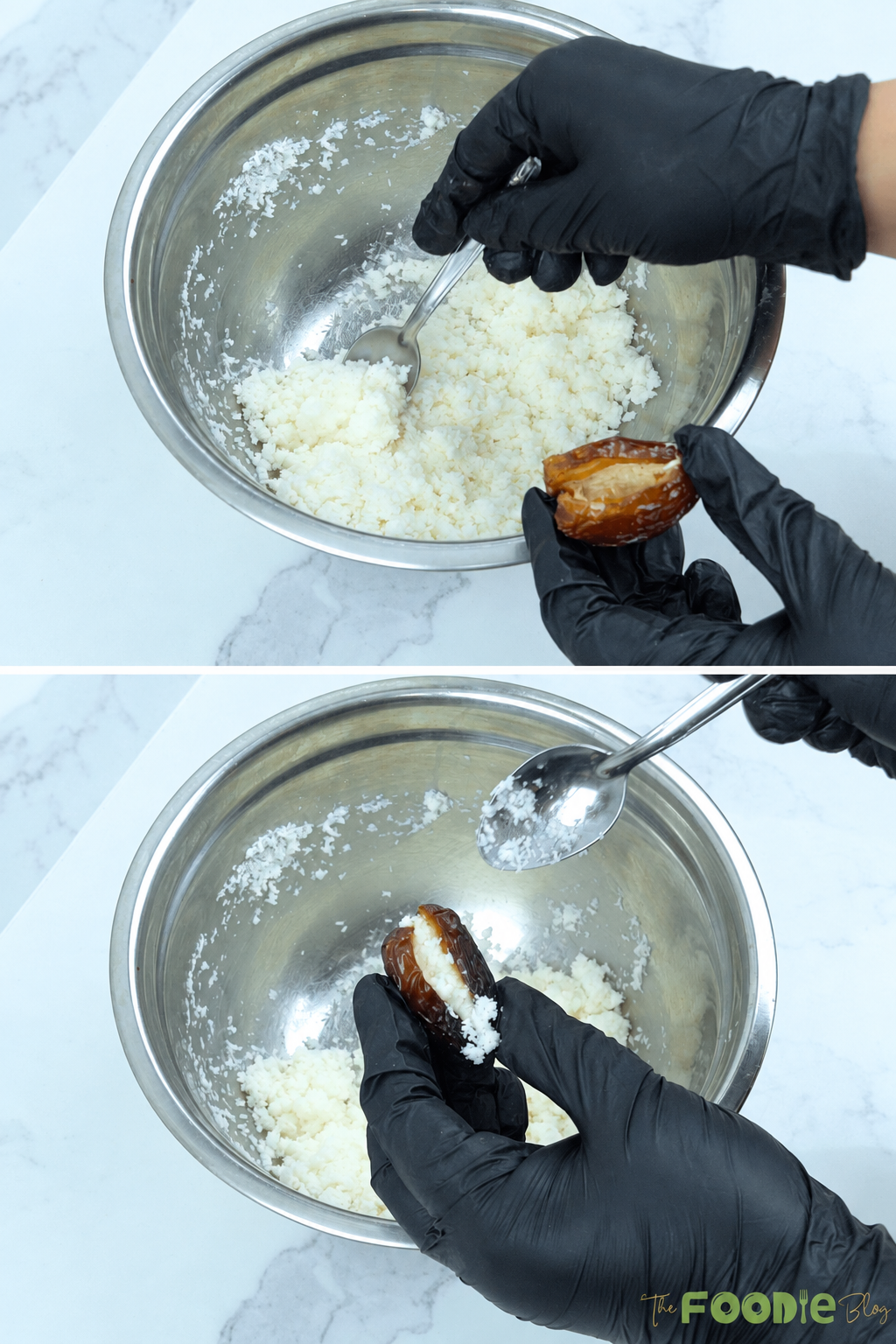 Medjool dates being stuffed with homemade coconut filling