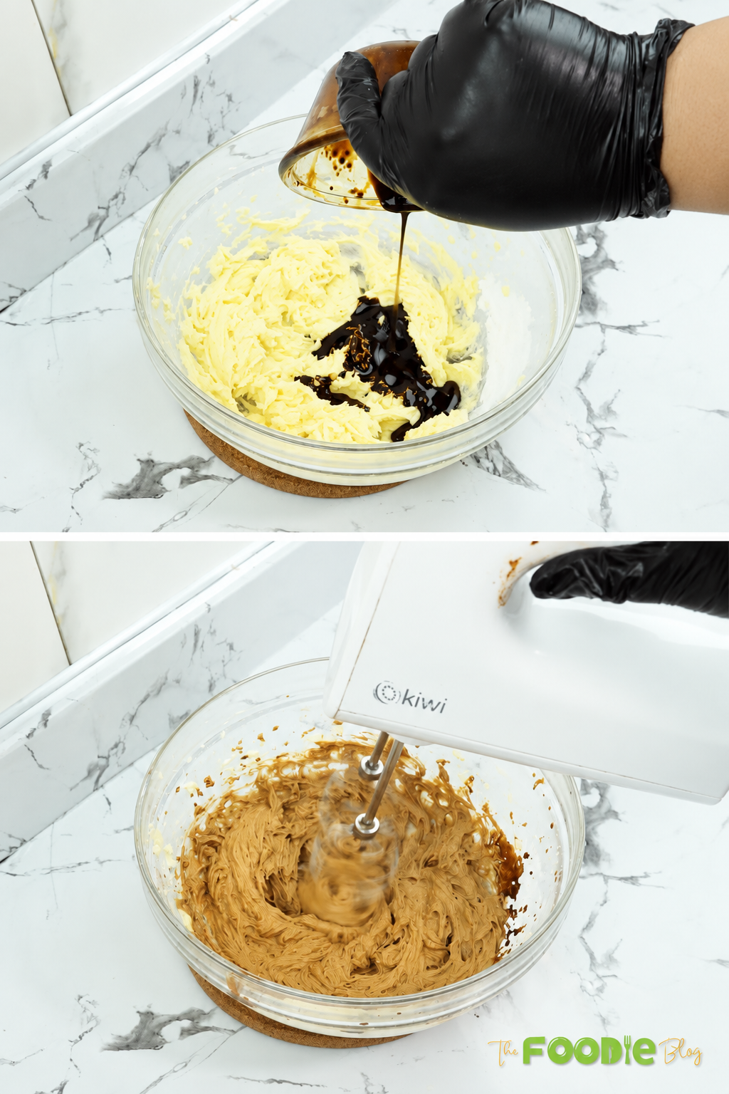 Dissolved coffee mixture added to creamed butter for coffee cookie dough