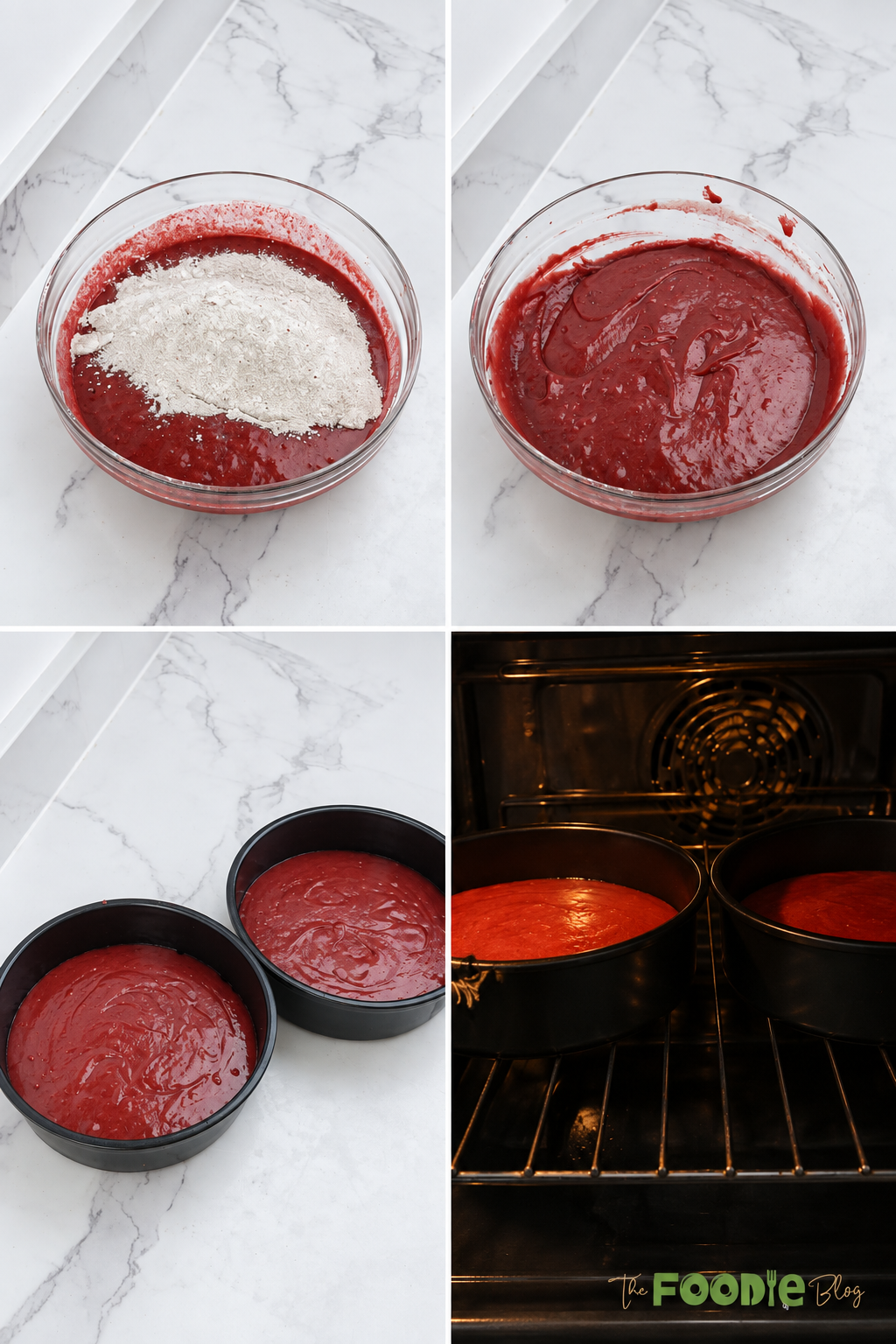 Red velvet cake batter mixed, divided into pans, and baked in the oven