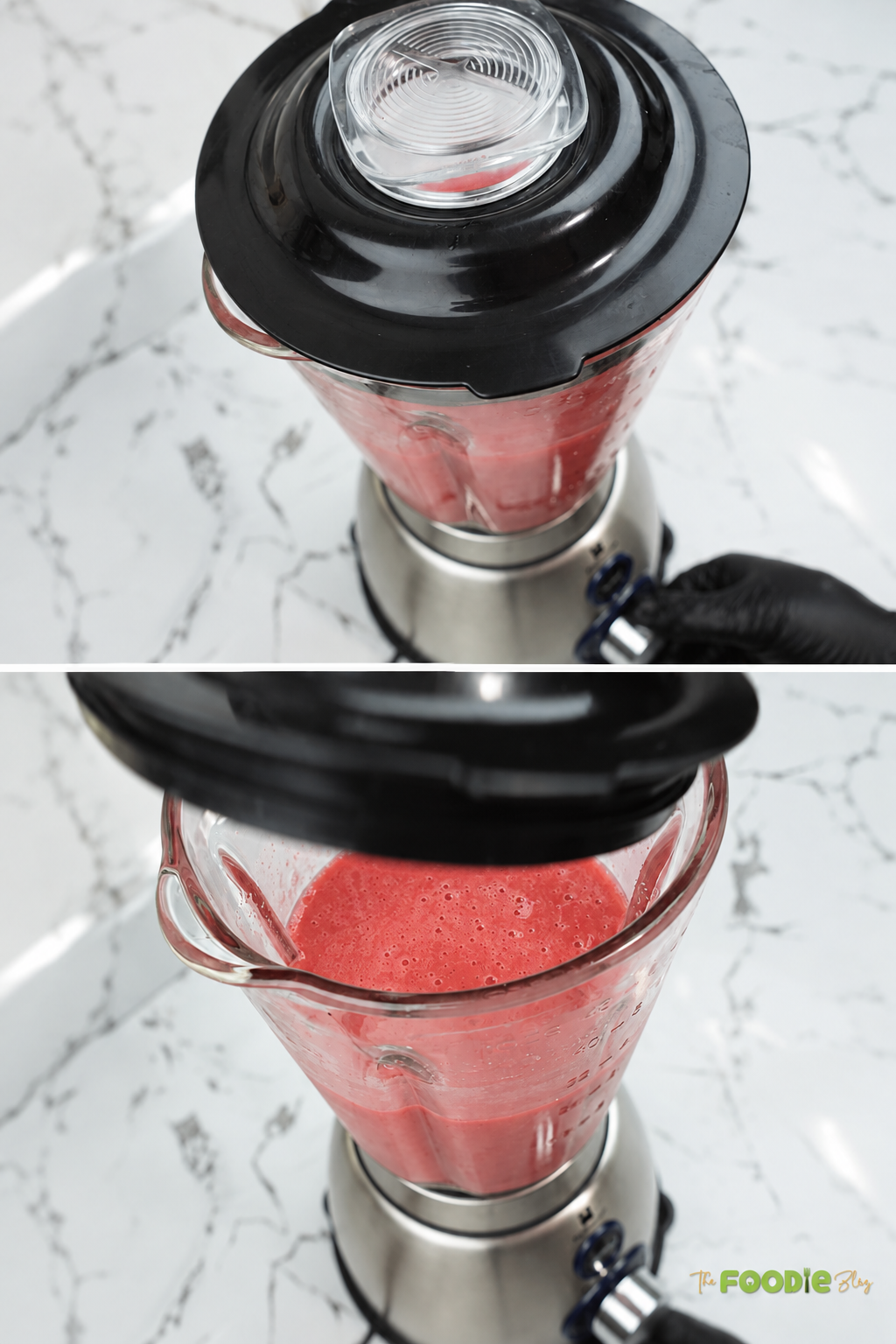 Raspberry juice blending until smooth in a blender