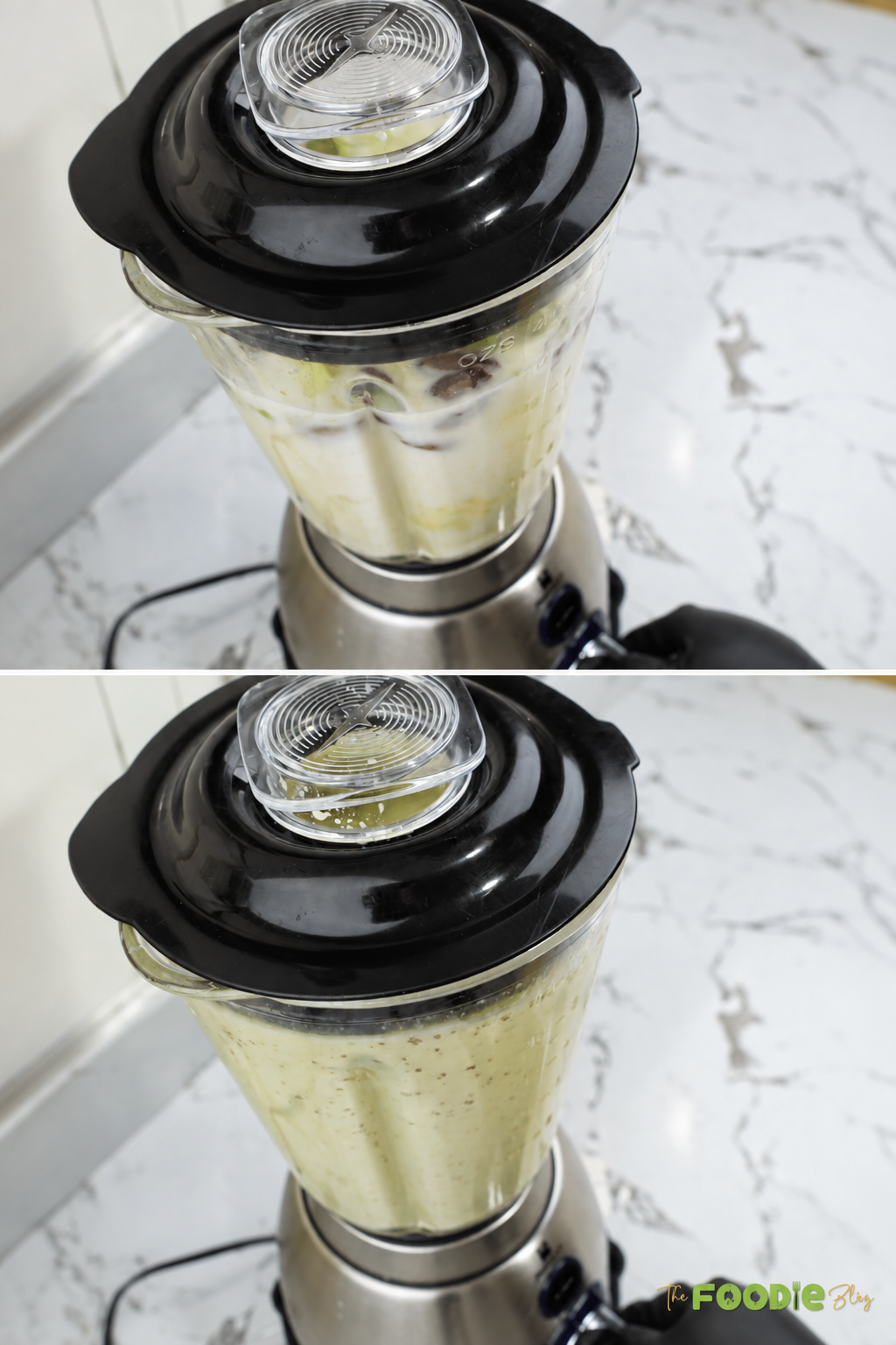 Blending avocado, dates, almonds, and milk until creamy