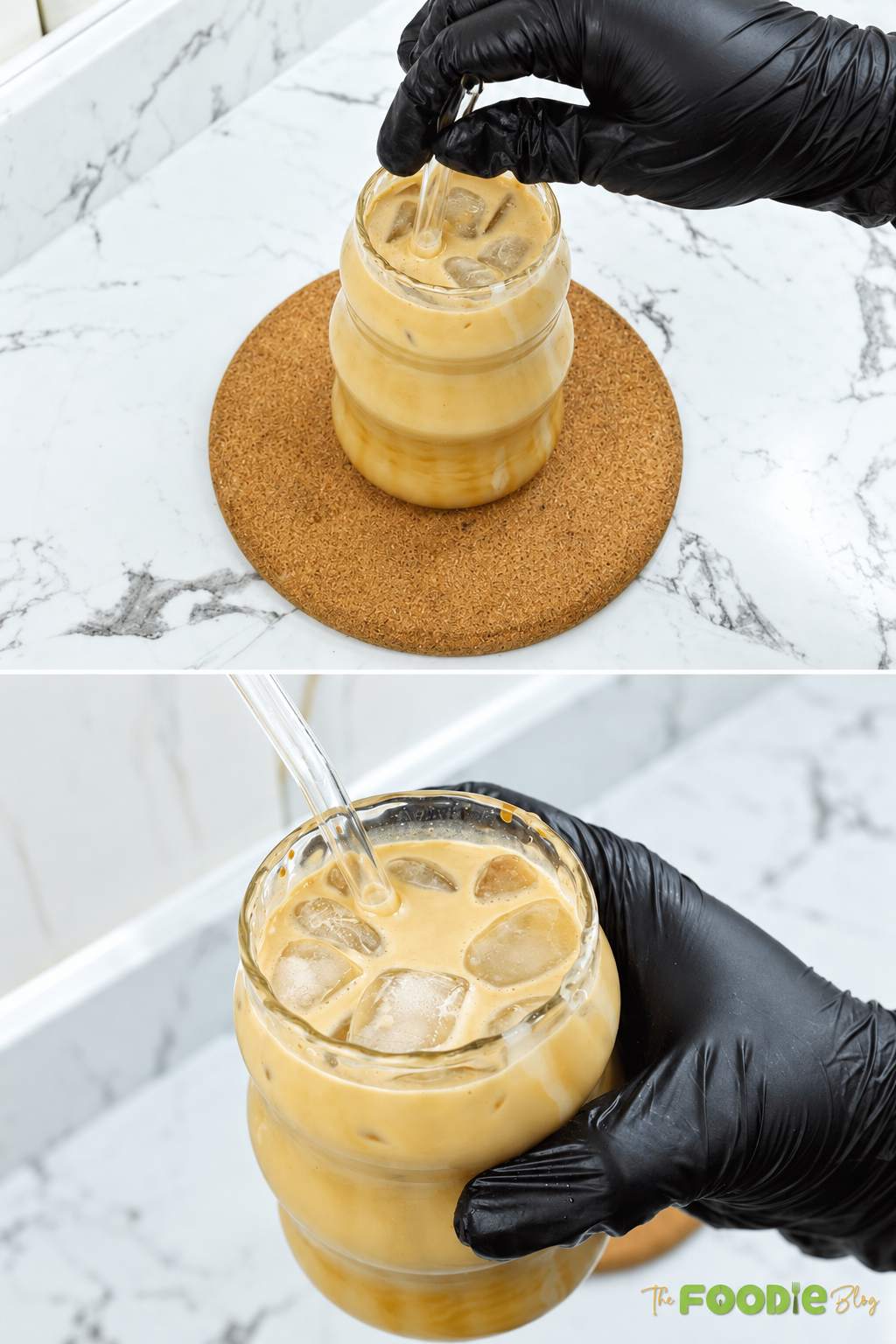 Creamy chill coffee being stirred with ice before serving