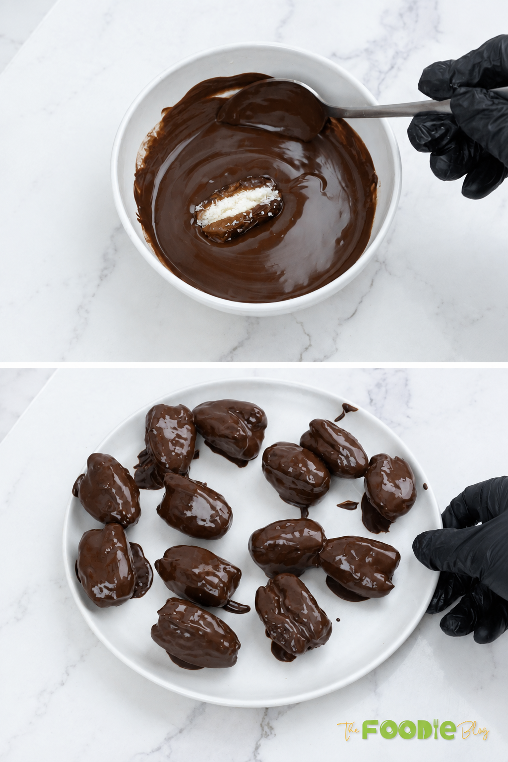 Coconut-stuffed Medjool dates being dipped in melted dark chocolate