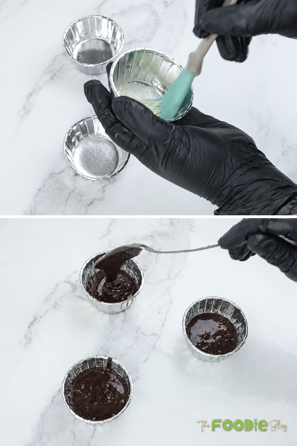 Chocolate oatmeal lava cake batter being spooned into greased individual baking molds