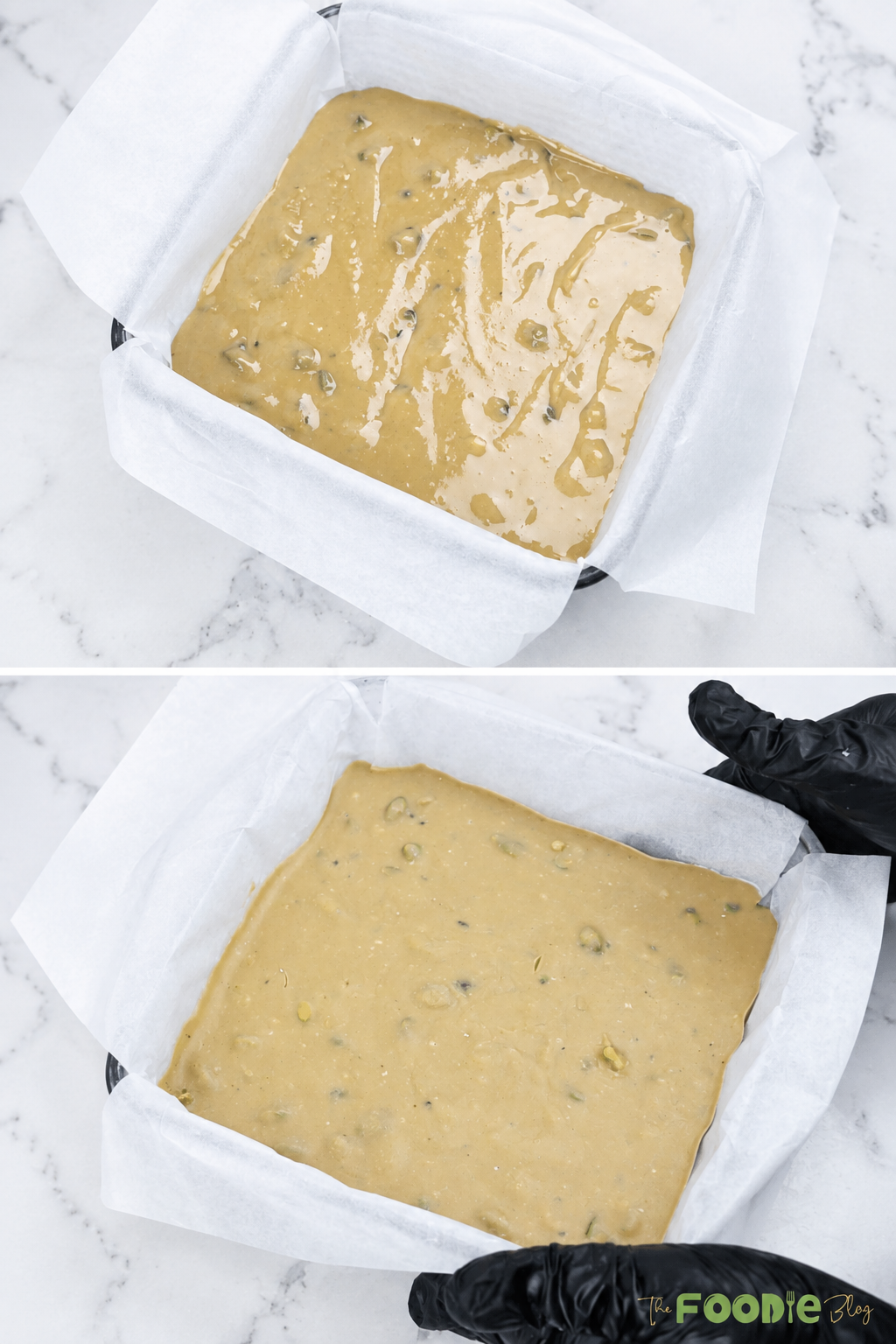 Tahini fudge mixture spread evenly in a parchment-lined square pan