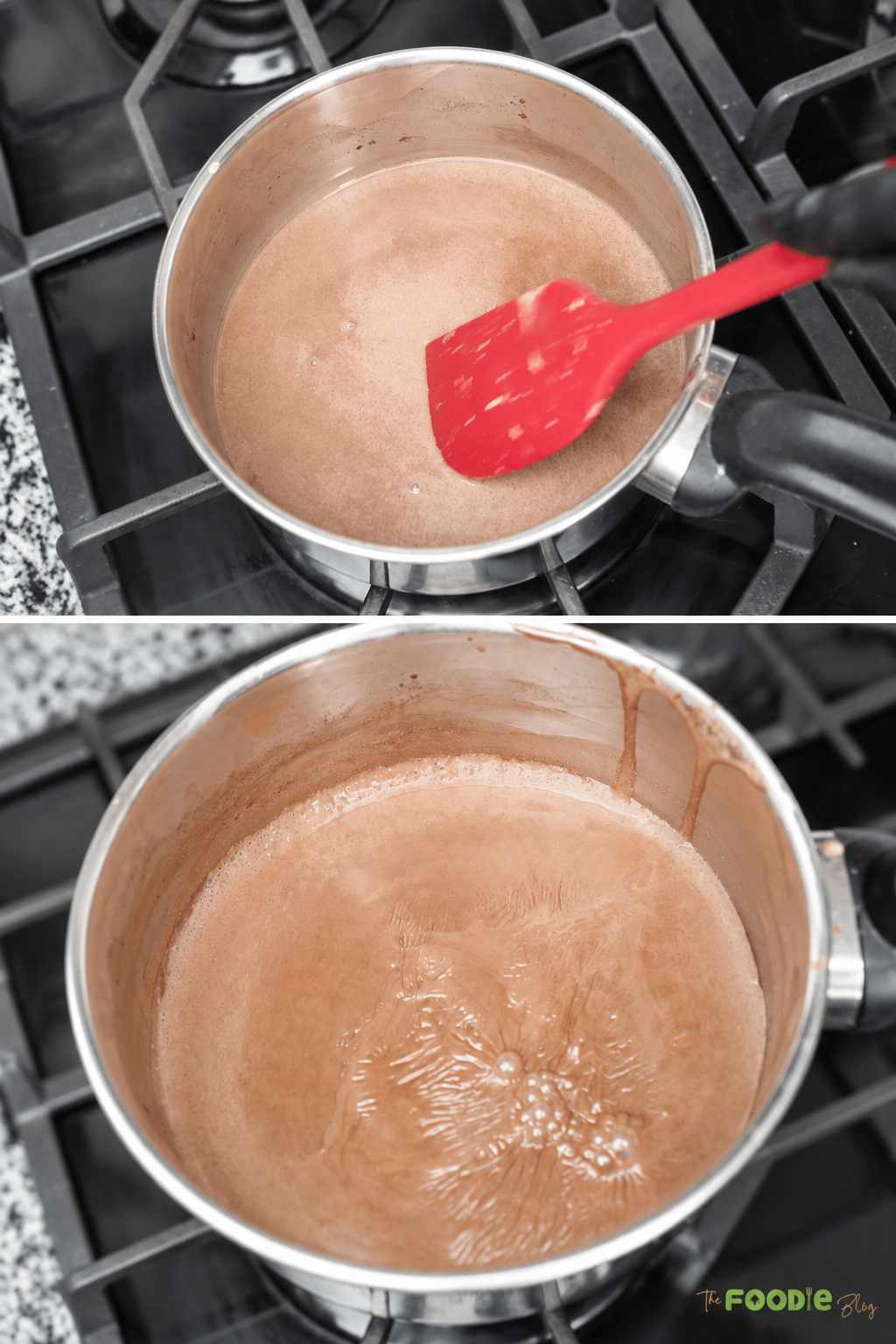 Homemade hot chocolate cooking in a saucepan on the stove