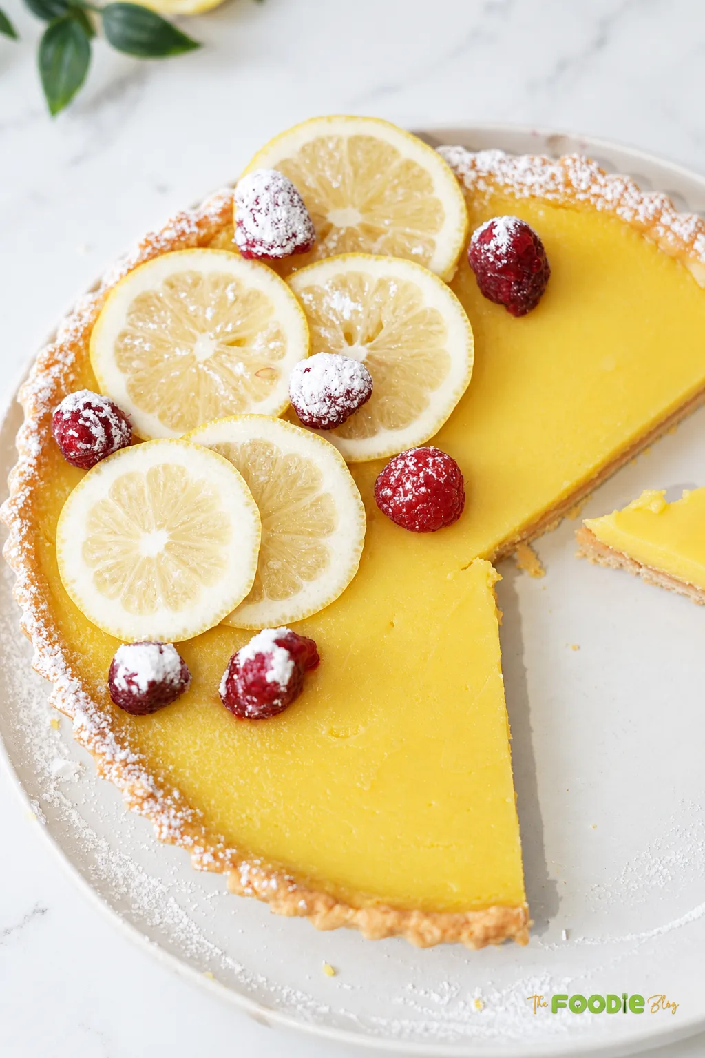 Close-up of creamy lemon curd tart topped with raspberries and fresh lemon slices