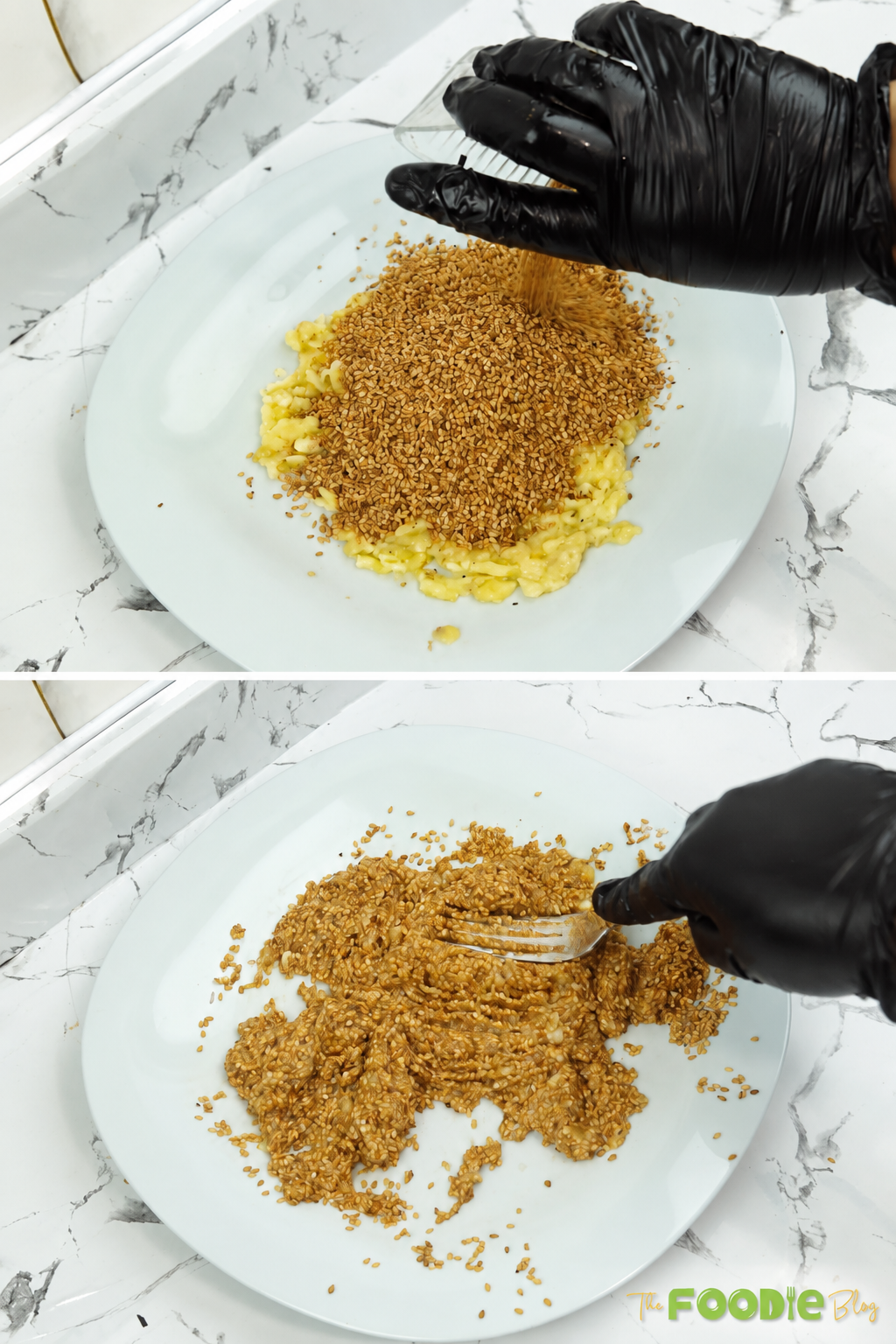 Sesame seeds being mixed with mashed banana for cookie dough