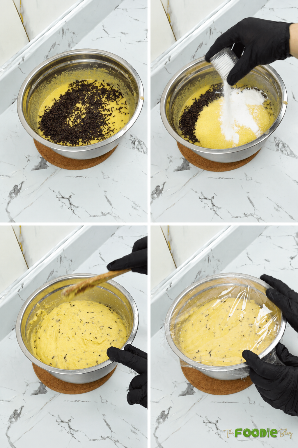 Semolina cookie dough mixed with chocolate sprinkles and covered to rest