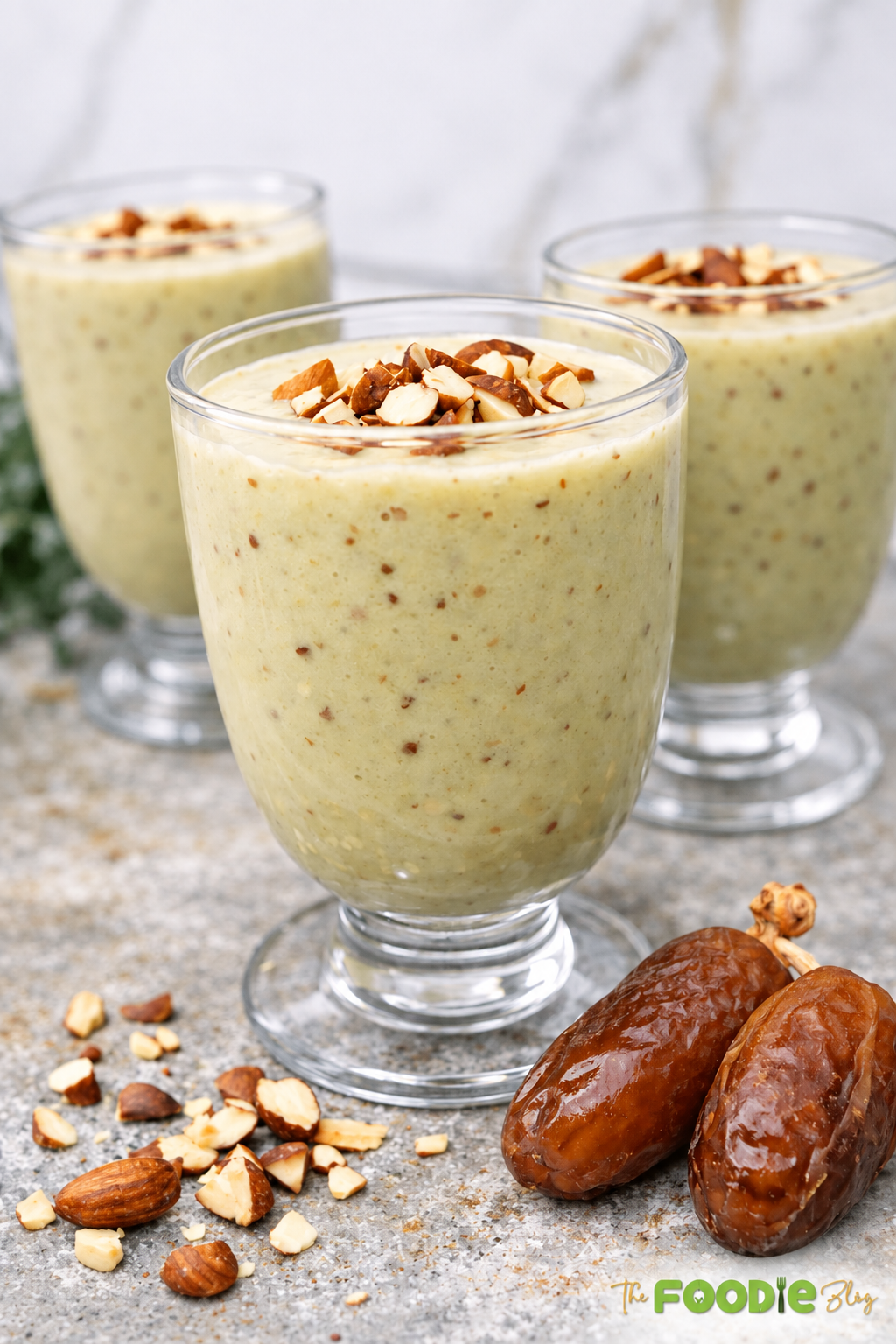 Creamy avocado date almond drink topped with chopped almonds and served with dates