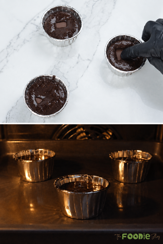 Mini chocolate oatmeal lava cakes baking in individual foil molds in the oven