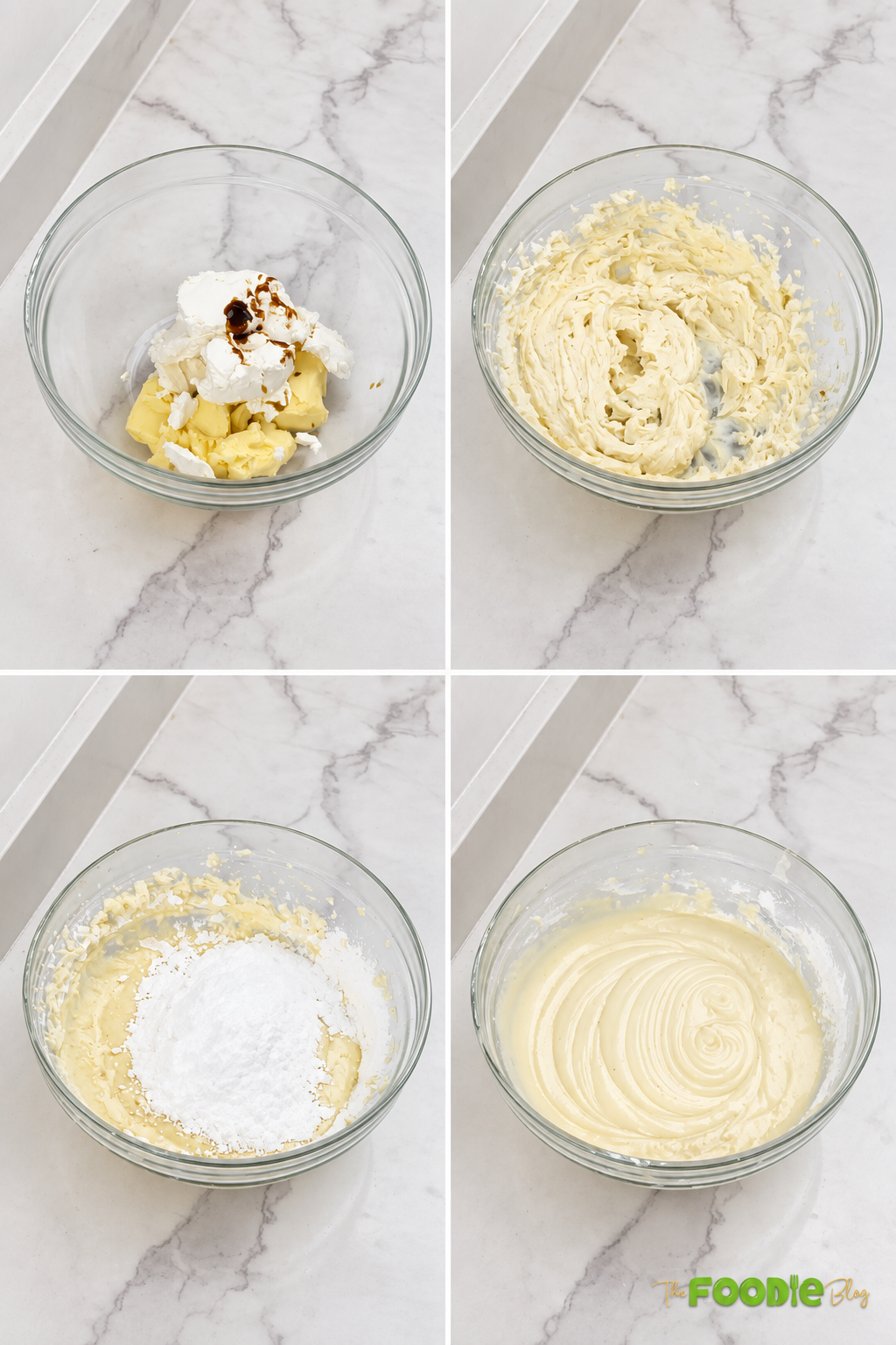 Step-by-step process making cream cheese frosting with butter, cream cheese, vanilla, and powdered sugar