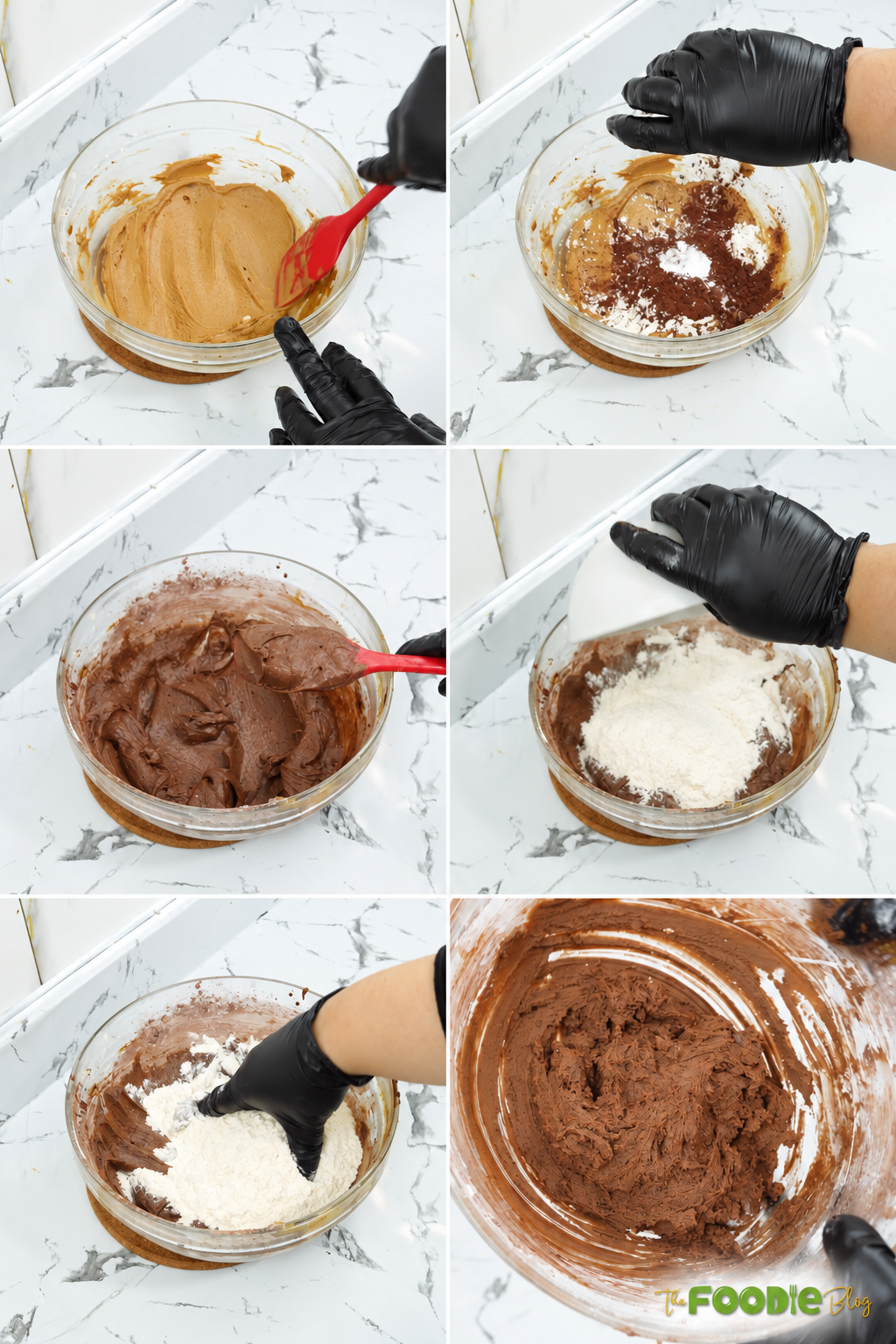 Cocoa powder, flour, cornstarch, and baking powder mixed into coffee cookie dough
