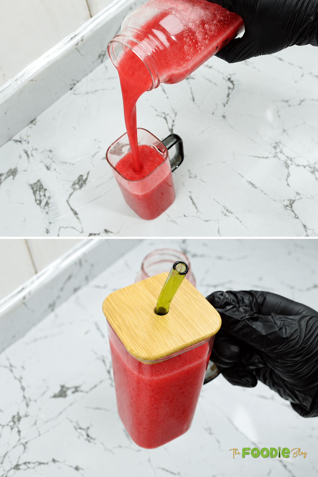 Fresh raspberry juice being poured into a glass