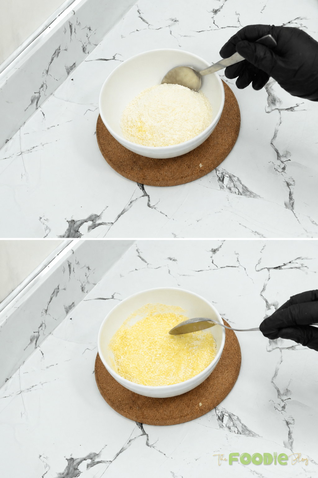 Semolina and coconut coating mixture being combined in a bowl