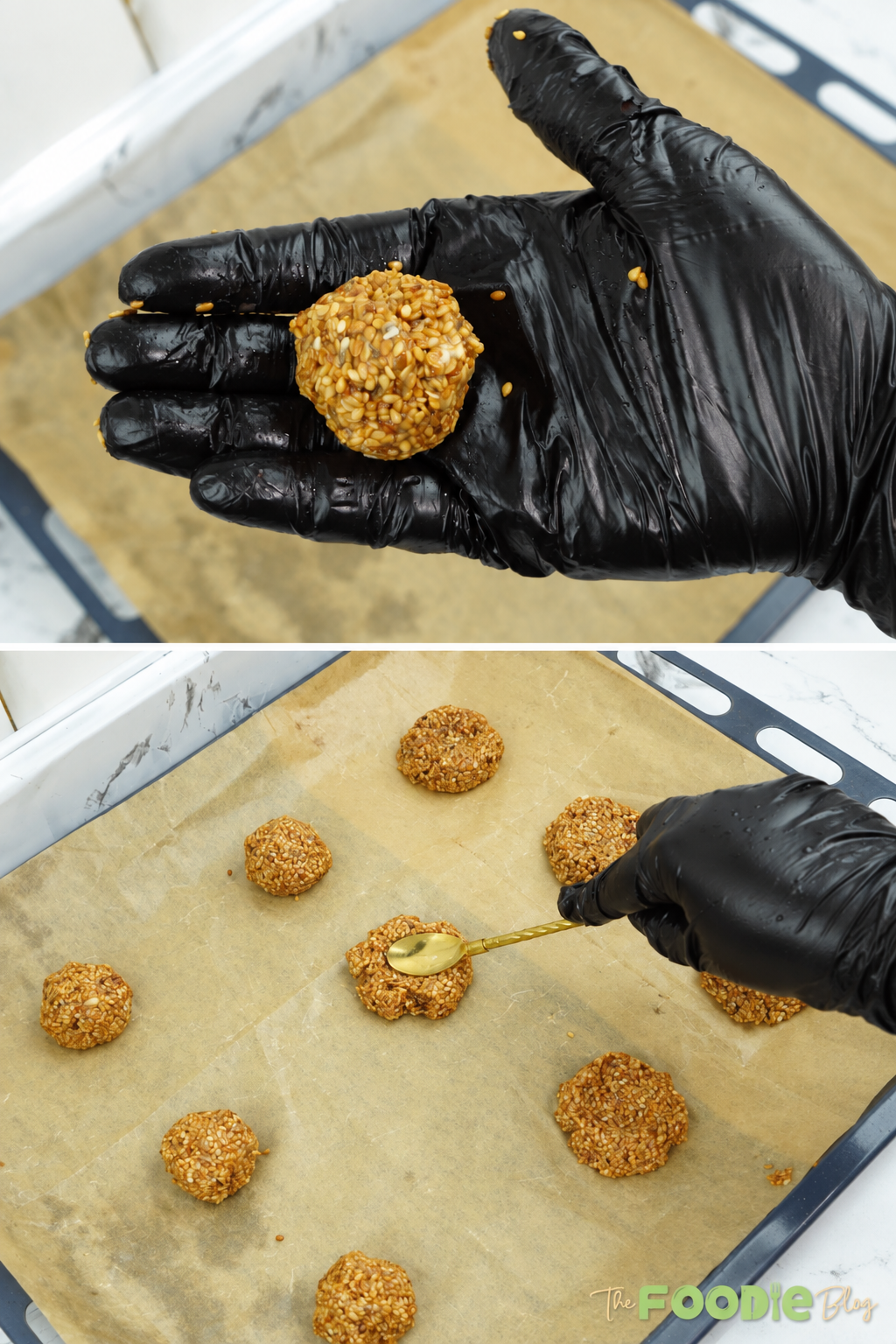 Sesame cookie dough shaped into balls and pressed on a baking tray