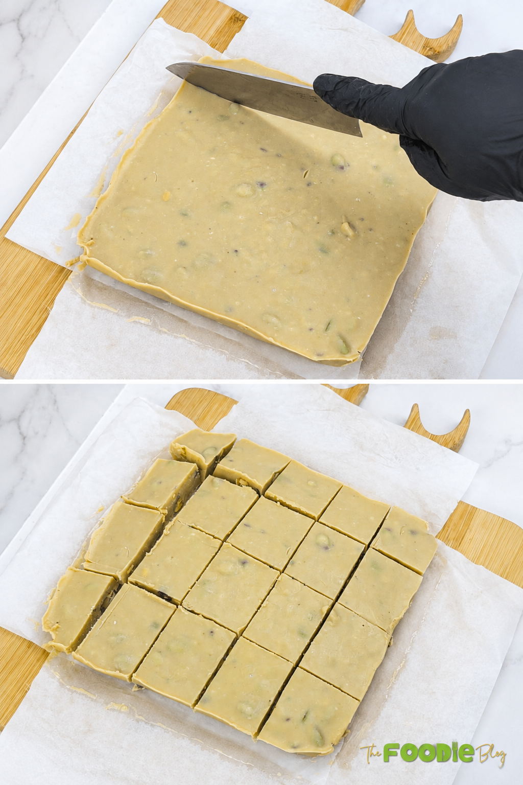 Chilled tahini fudge being sliced into square pieces with a knife