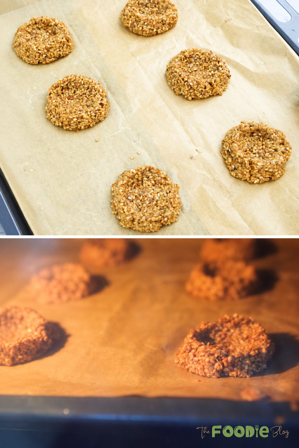 Sesame banana cookies shaped on a tray and baking in the oven