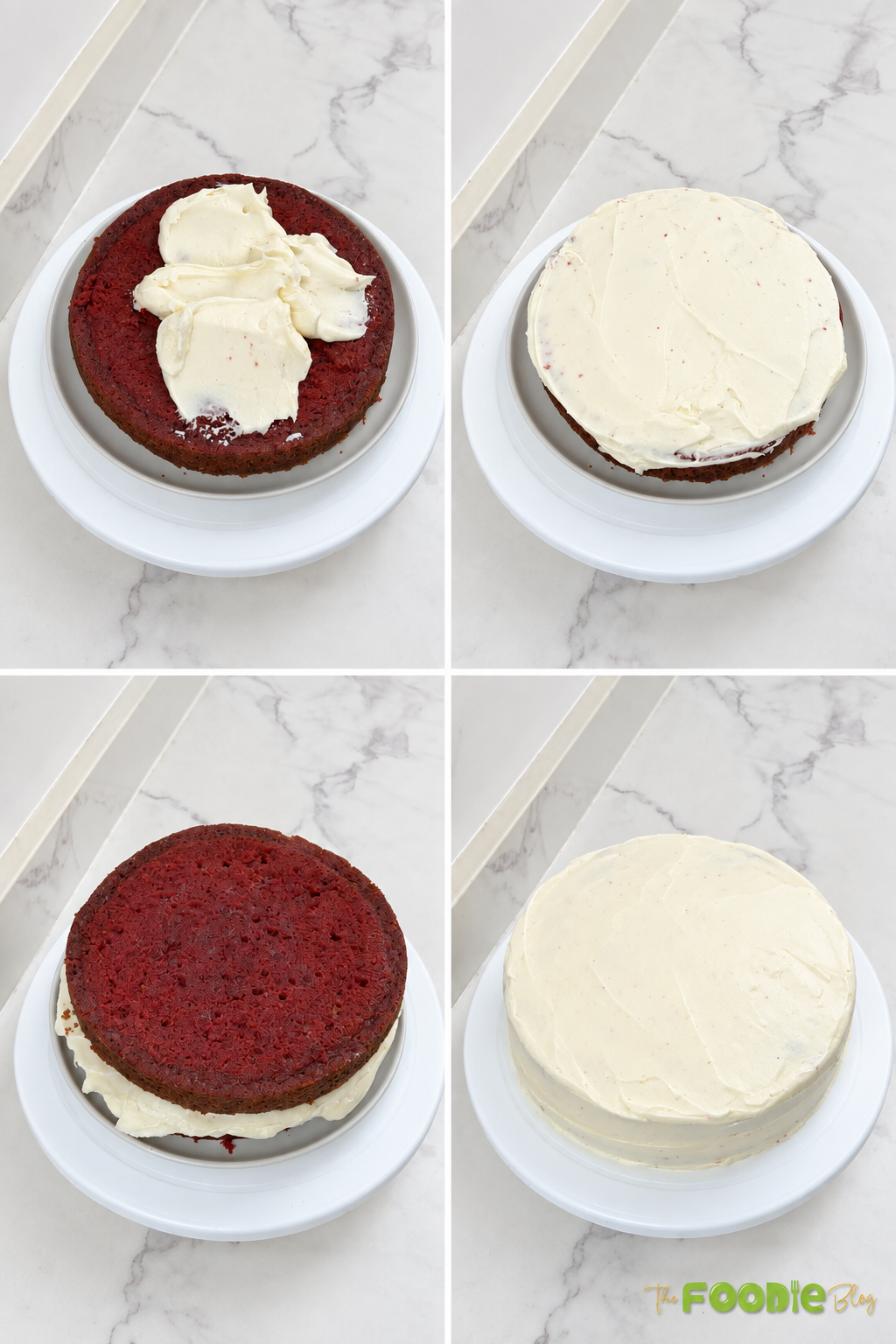Step-by-step process layering and frosting a red velvet cake with cream cheese frosting
