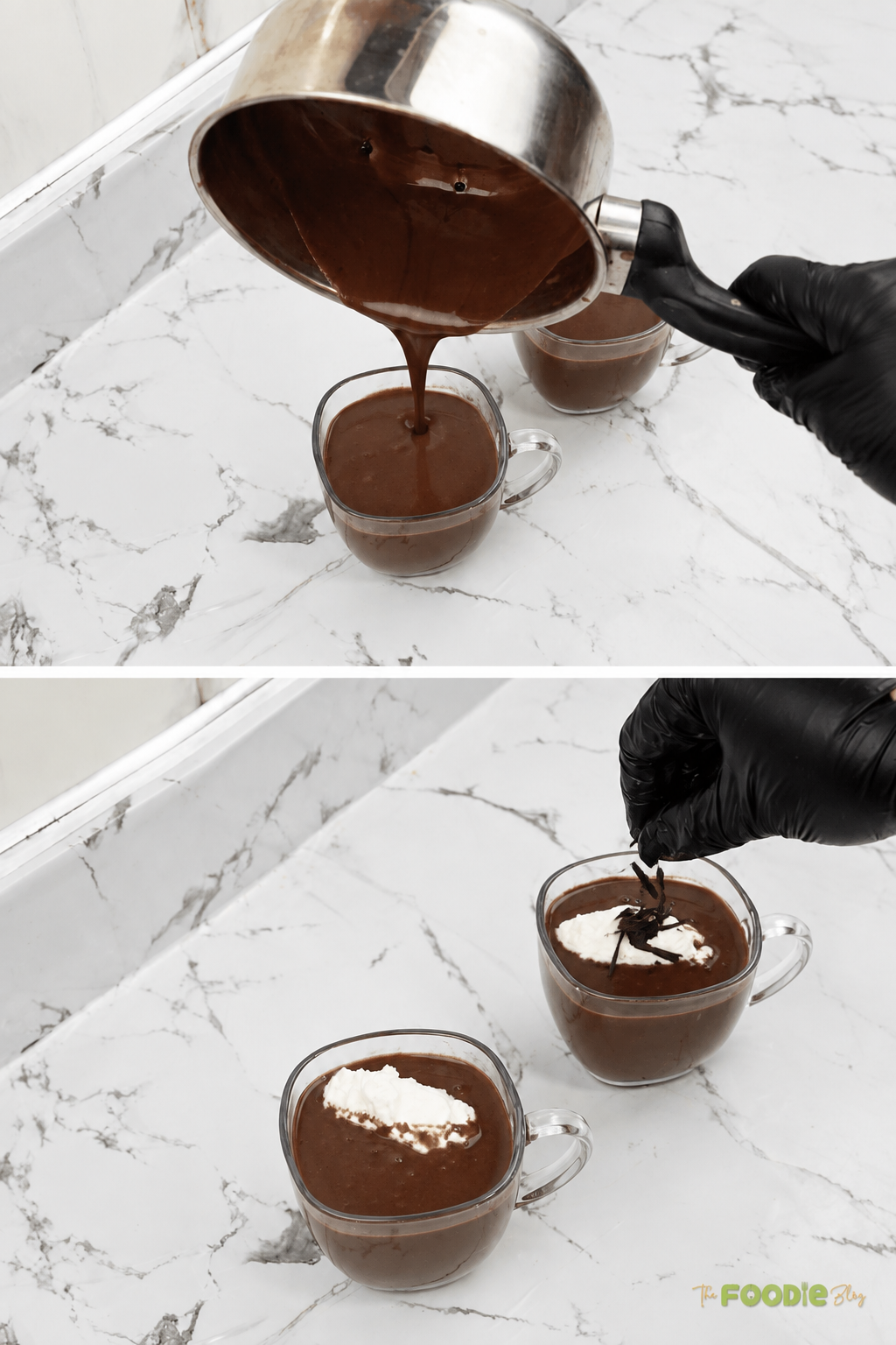 Pouring creamy homemade hot chocolate into glass mugs