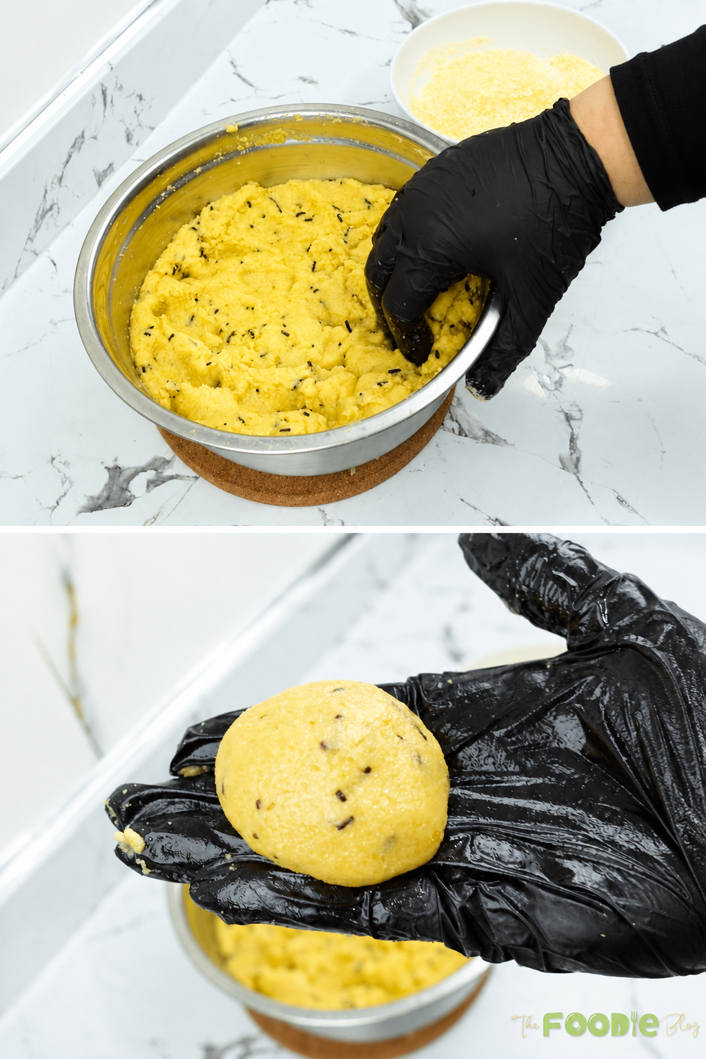 Semolina cookie dough being shaped into a round ball by hand
