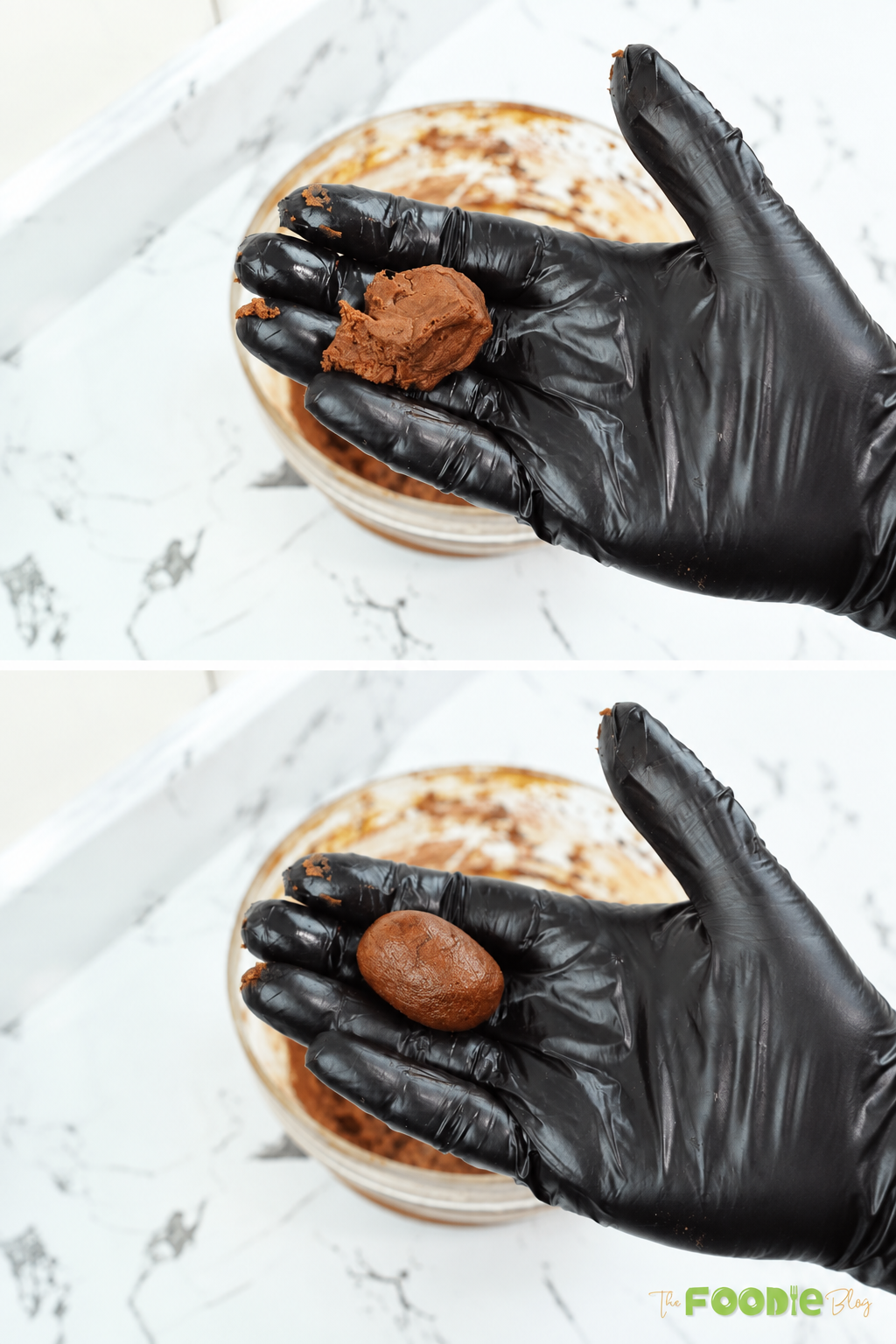 Chocolate coffee cookie dough shaped into small oval pieces by hand