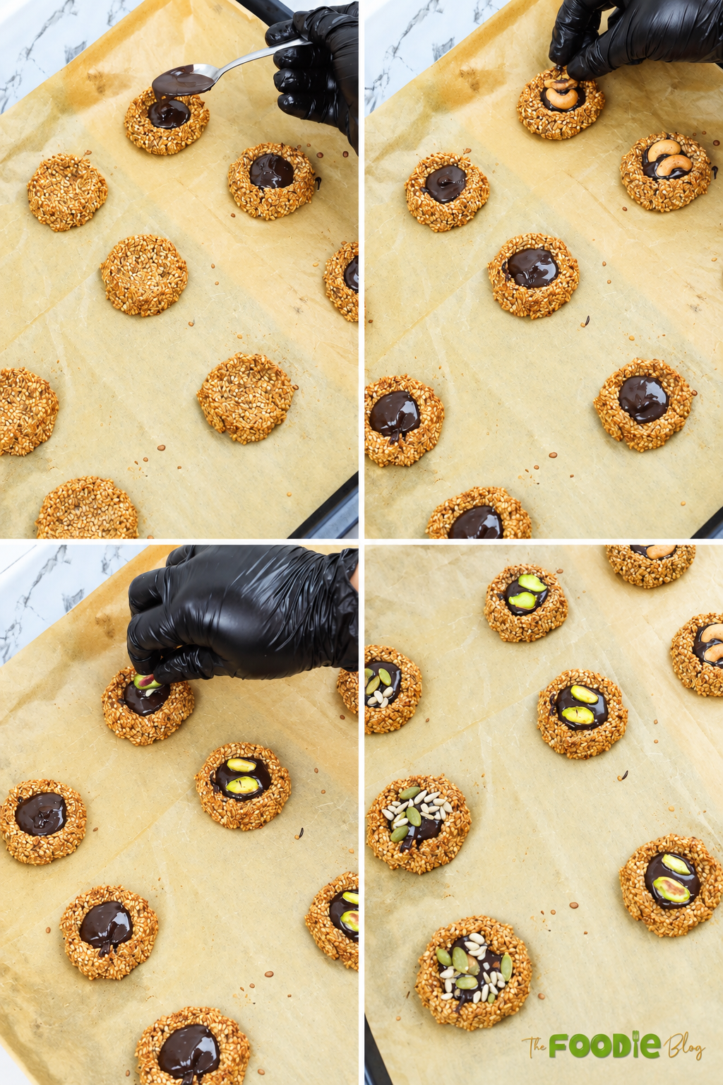 Baked sesame cookies filled with dark chocolate and topped with pistachios, cashews, and seeds