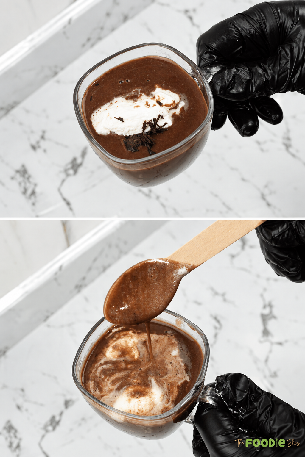 Homemade hot chocolate topped with whipped cream and chocolate shavings