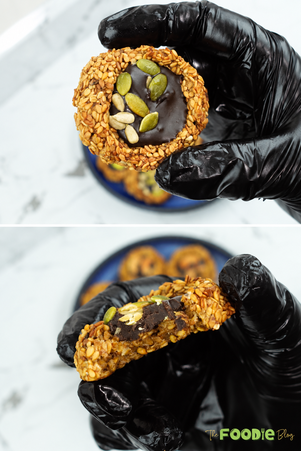 Close-up of sesame cookie with dark chocolate center and pumpkin seeds