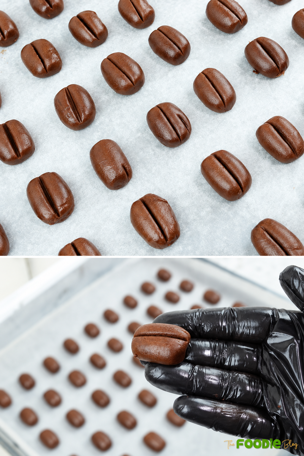 Center groove pressed into coffee cookie dough to create coffee bean shape