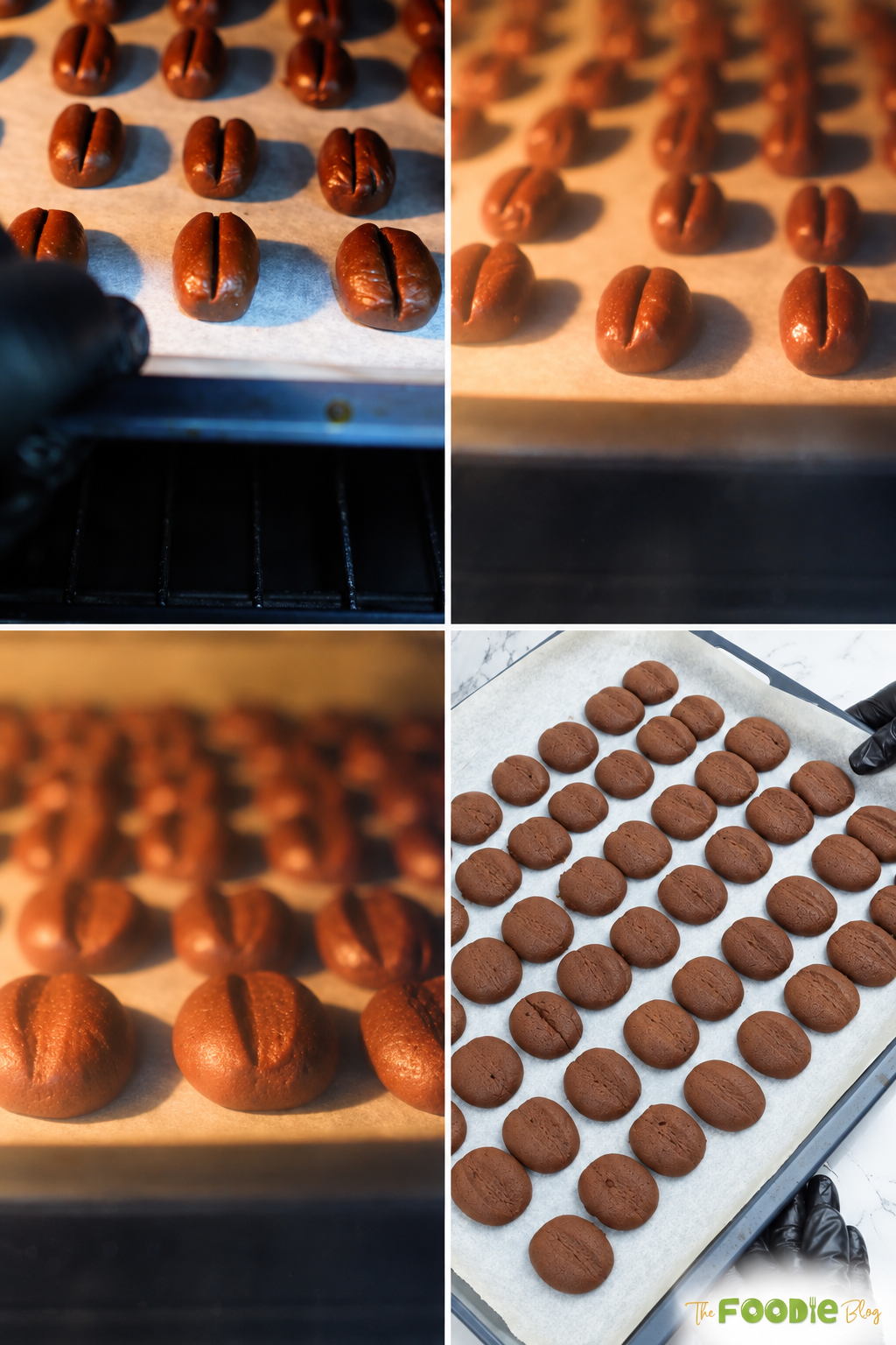 Coffee bean shaped cookies baking in the oven and cooling on a tray