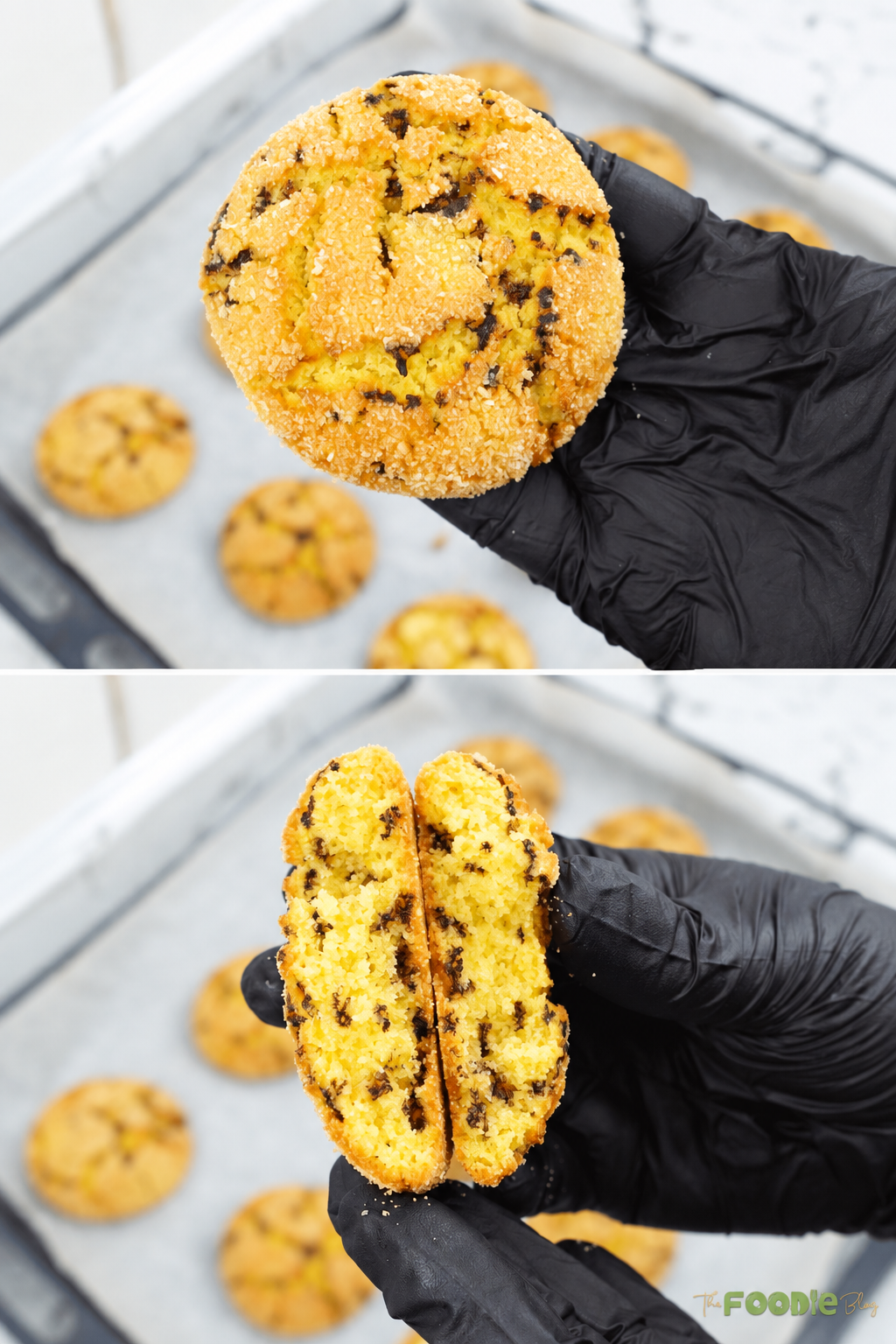 Close-up of golden semolina cookie with chocolate sprinkles and coconut coating