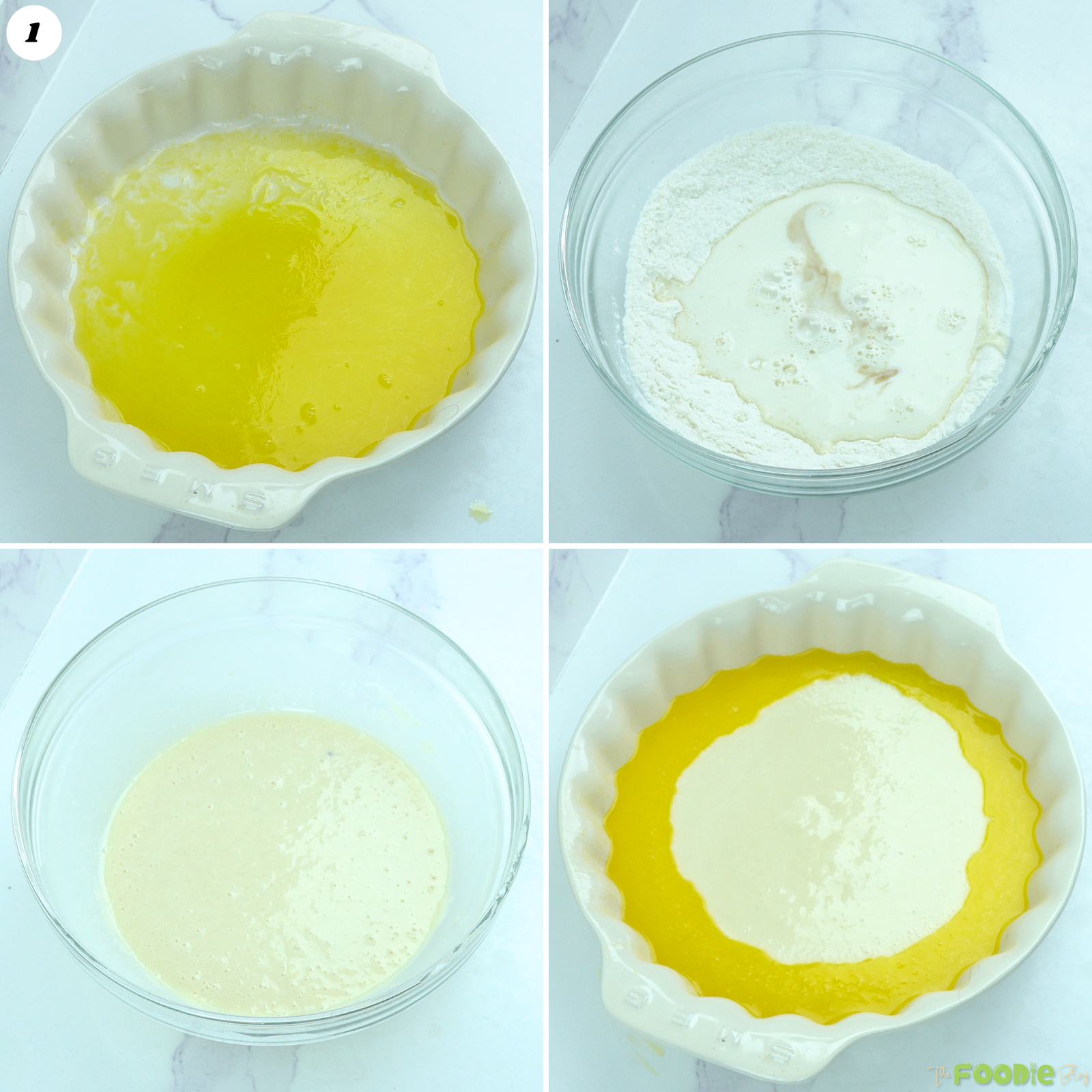 Steps for making canned peach cobbler batter with melted butter, flour mixture, milk, and smooth batter poured into the baking dish.
