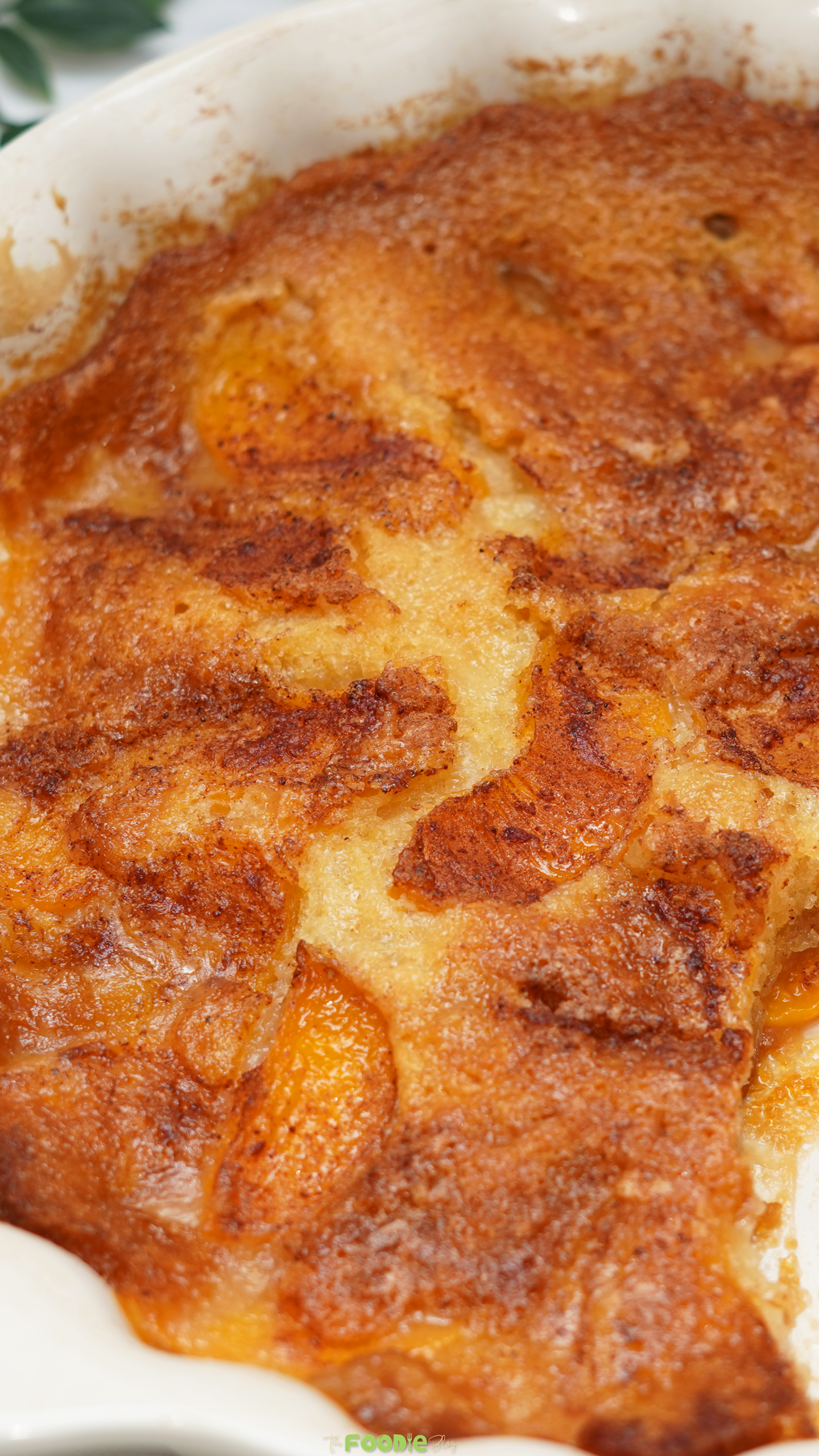Close-up of golden peach cobbler with baked peach slices and a crisp browned cake-style topping.