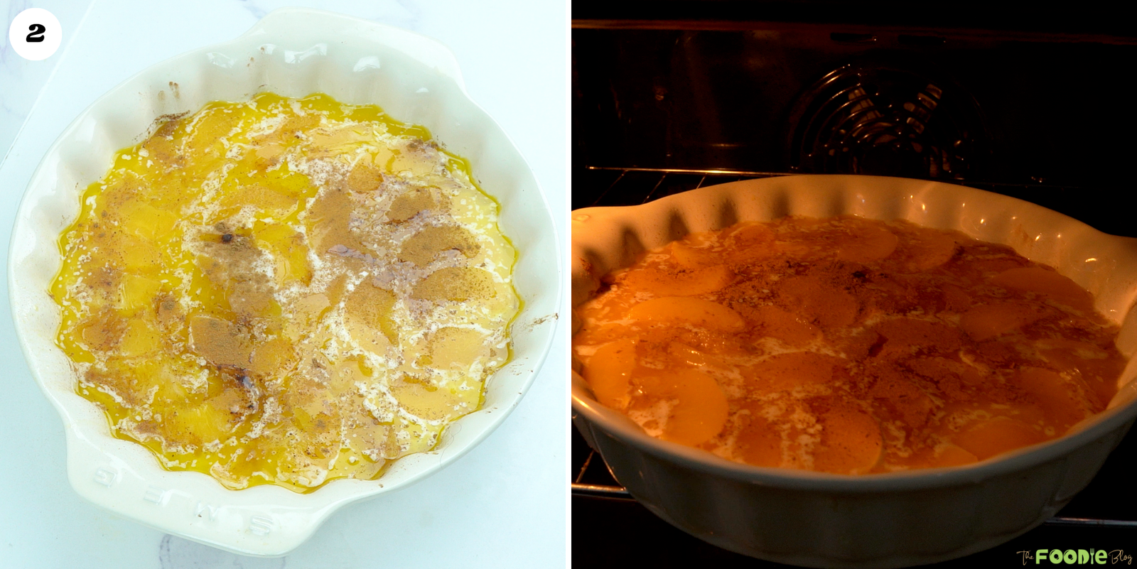 Canned peach slices and cinnamon arranged over cobbler batter before baking, followed by the cobbler baking in the oven.