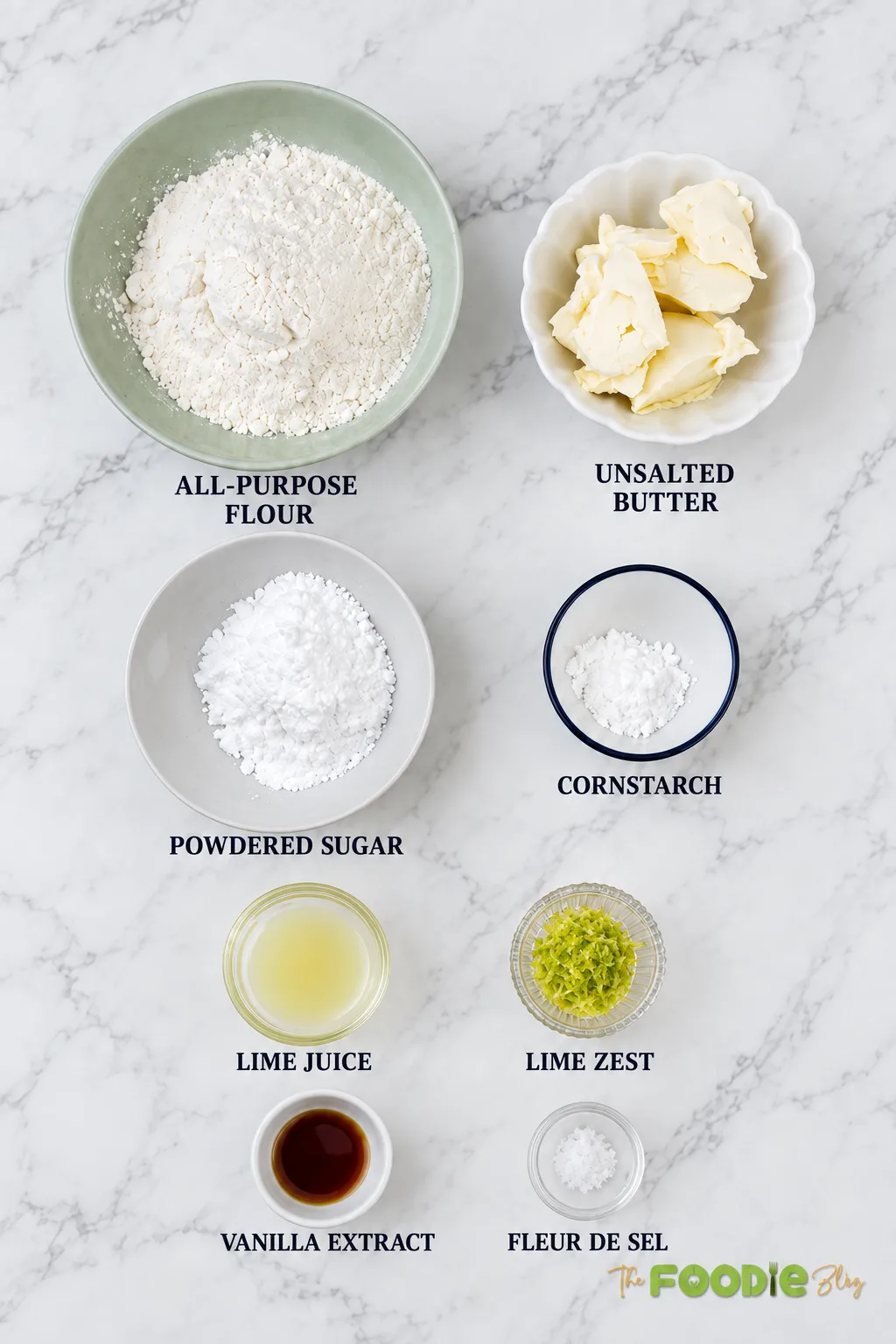 Lime meltaway cookie ingredients including flour, butter, powdered sugar, cornstarch, lime juice, lime zest, vanilla, and fleur de sel