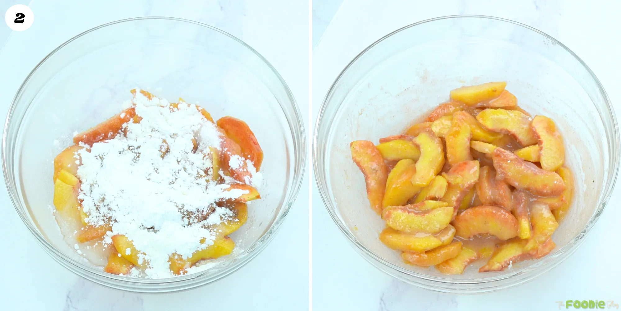Fresh sliced peaches tossed with sugar, cornstarch, cinnamon, vanilla, and lemon juice.