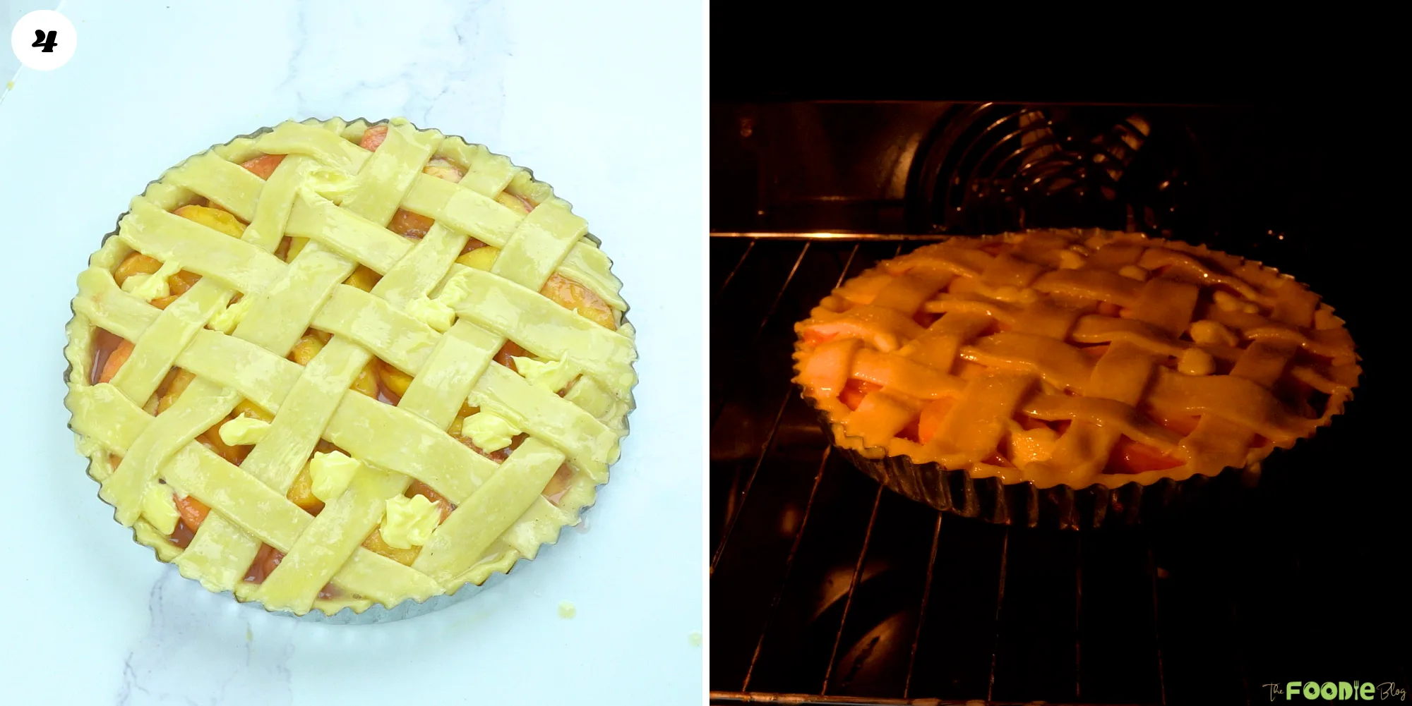 Fresh peach pie with a woven lattice crust before baking and inside the oven.