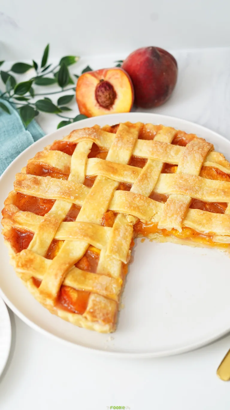 Homemade fresh peach pie with a golden lattice crust and juicy peach filling